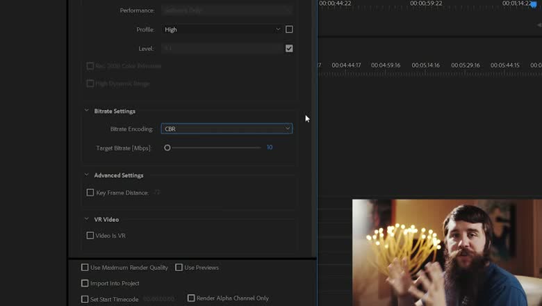 Premiere's export Bitrate Settings panel with Bitrate Encoding set to CBR and a Target Bitrate slider