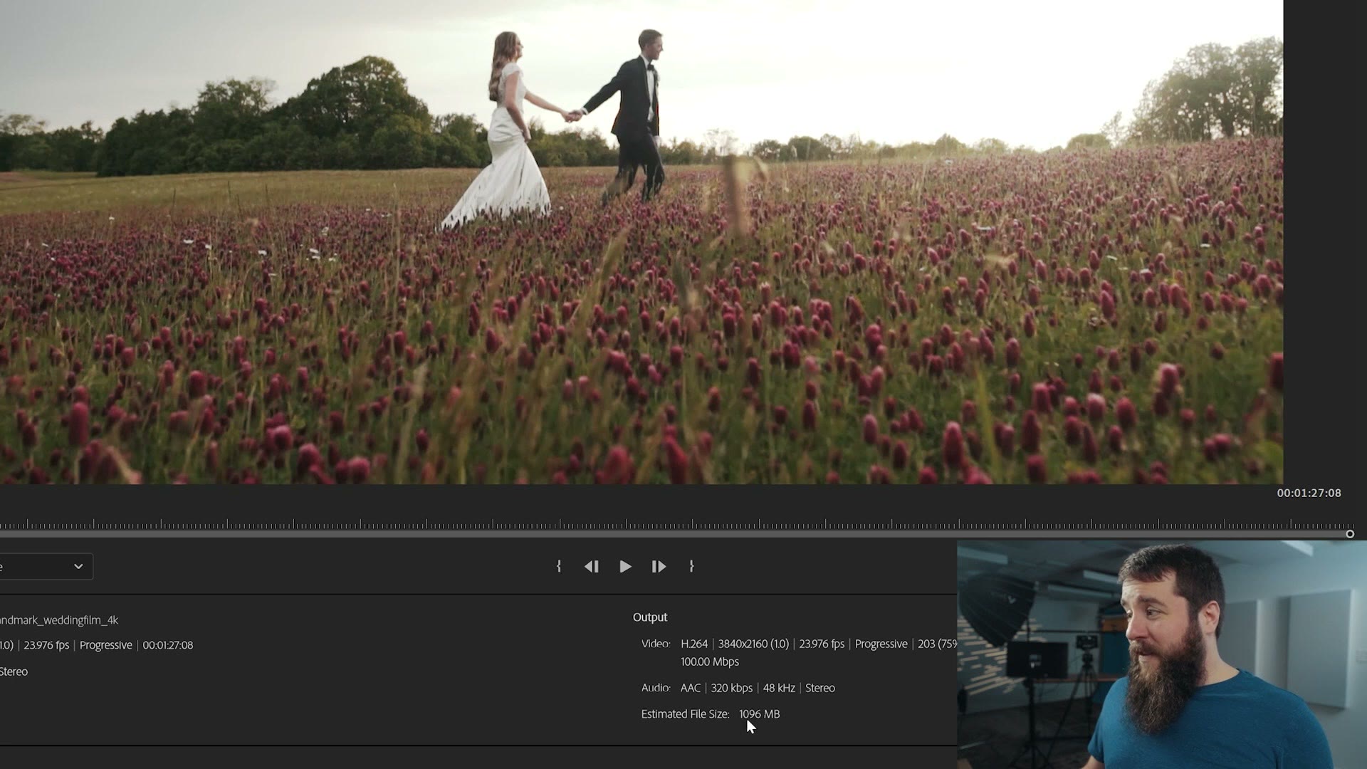 The Premiere Pro export summary showing H.264, 3840x2160, 23.976 fps, 100.00 Mbps and an estimated file size of 1096 MB