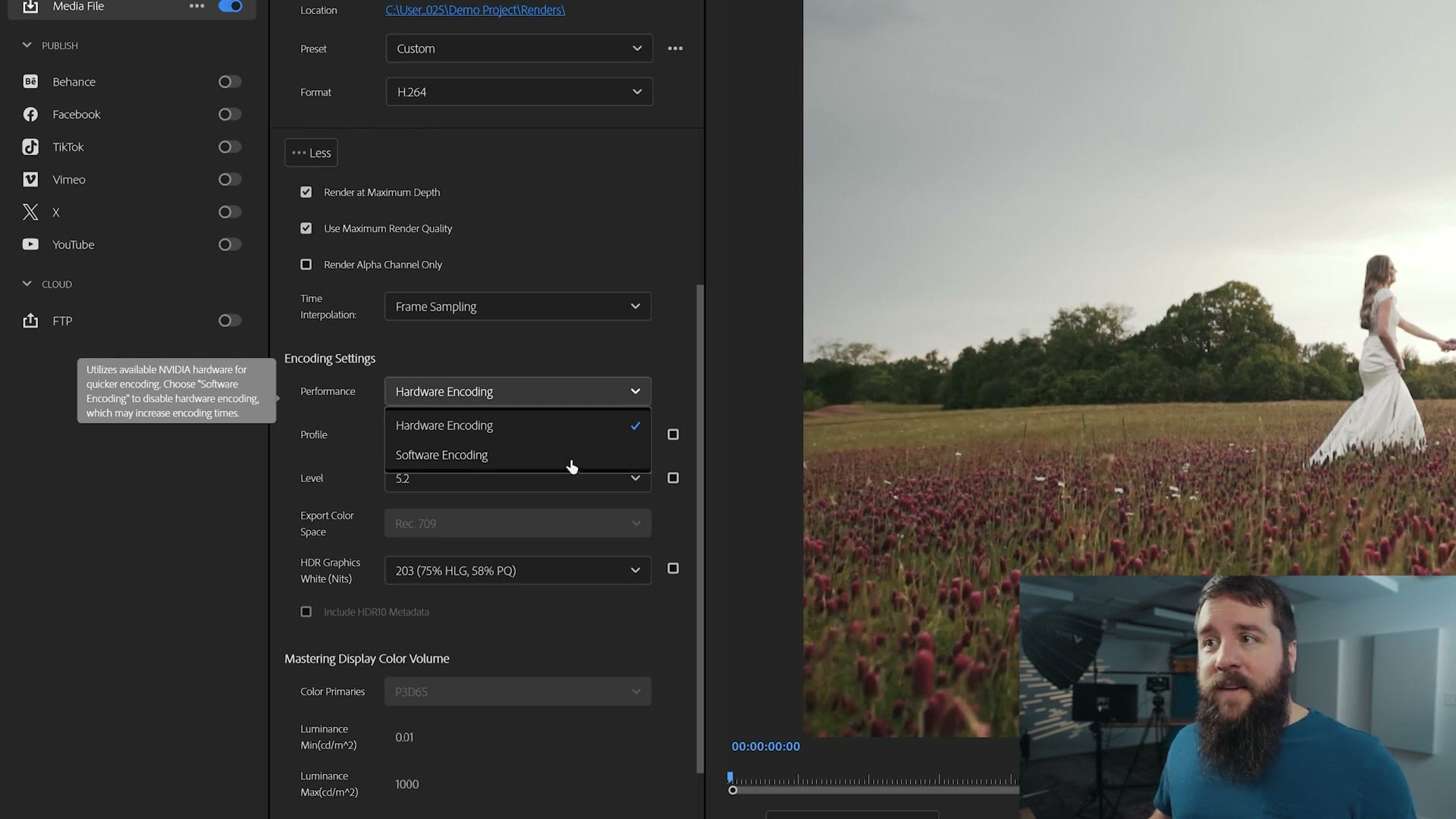 Encoding Settings in Premiere Pro with the Performance dropdown open showing Hardware Encoding selected, and Render at Maximum Depth and Use Maximum Render Quality both checked above