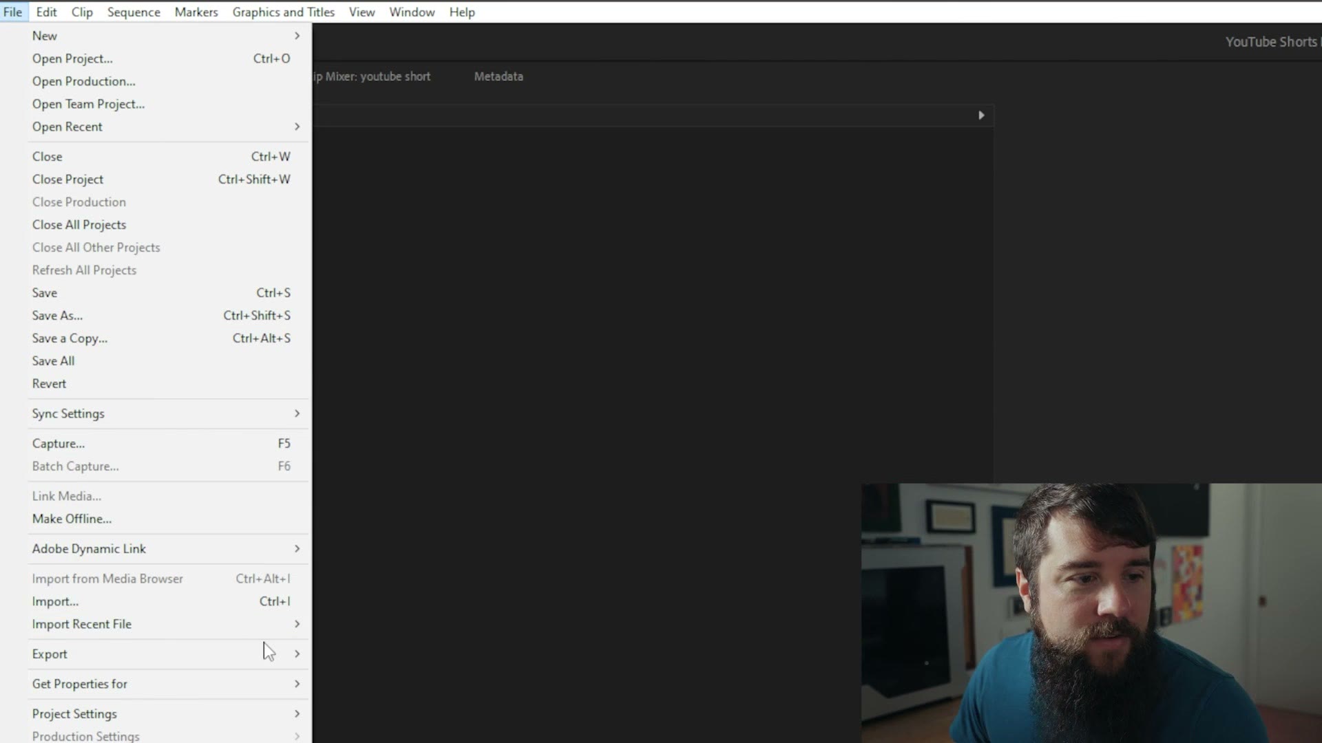 The Premiere Pro File menu with Export and Media highlighted
