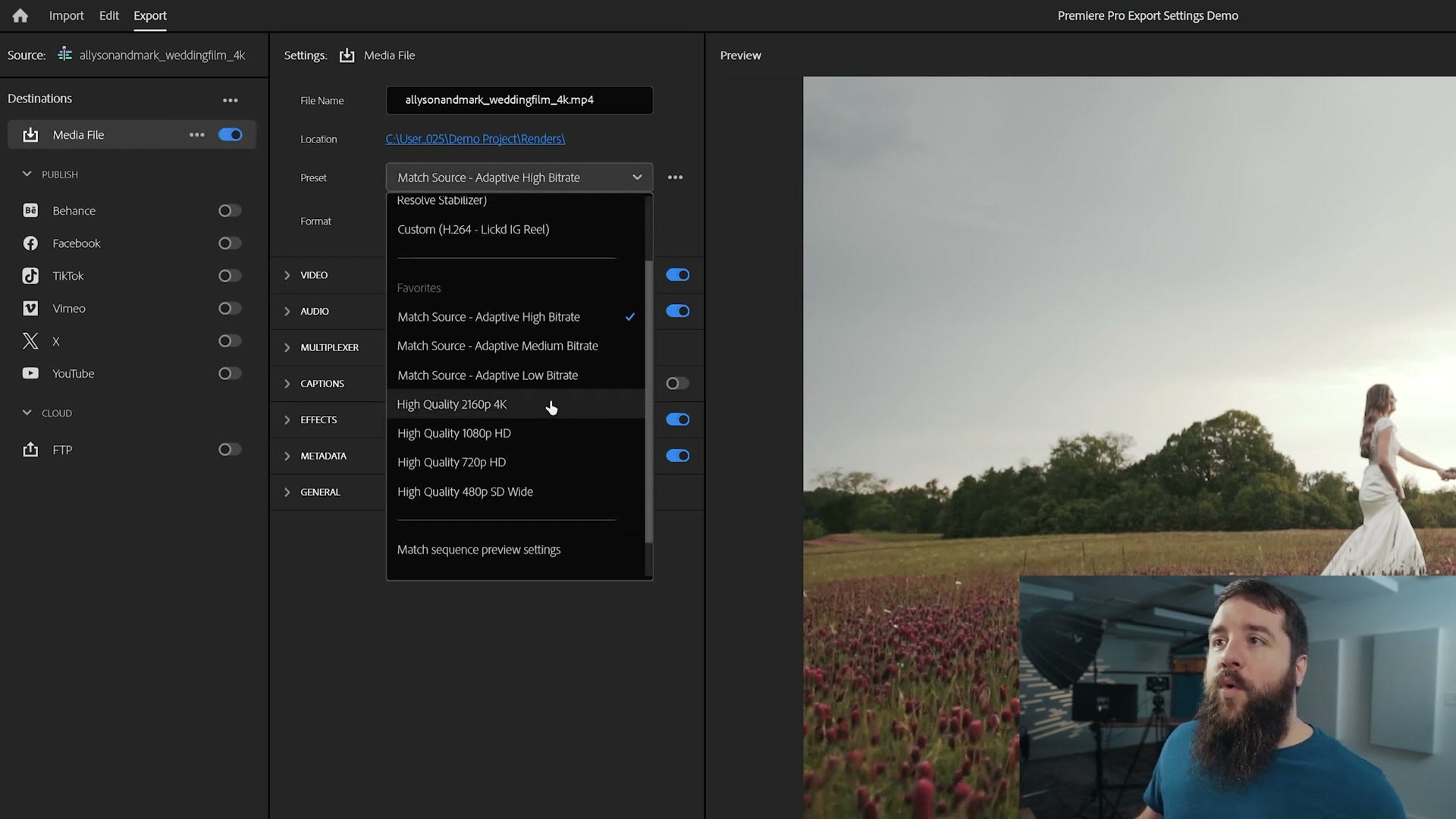 The Preset dropdown open in the Premiere Pro export window with High Quality 2160p 4K in the list