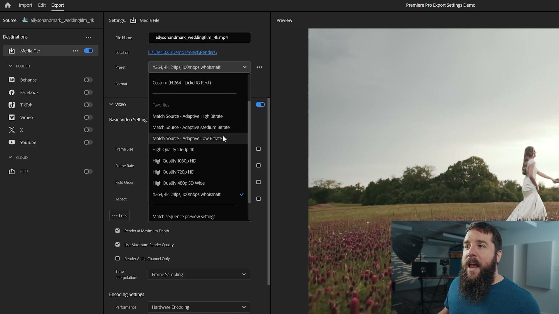 The Preset dropdown in Premiere Pro showing a saved custom preset named h264, 4k, 24fps, 100mbps whoismatt with a checkmark next to it