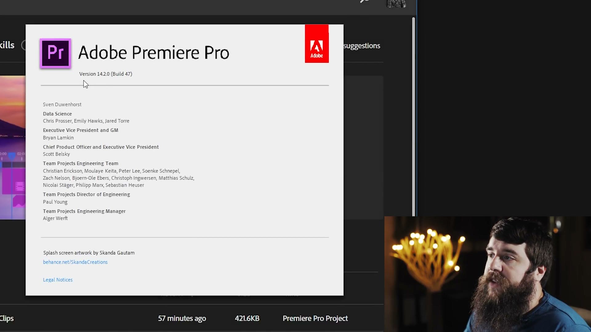 The About Adobe Premiere Pro window showing Version 14.2.0 Build 47