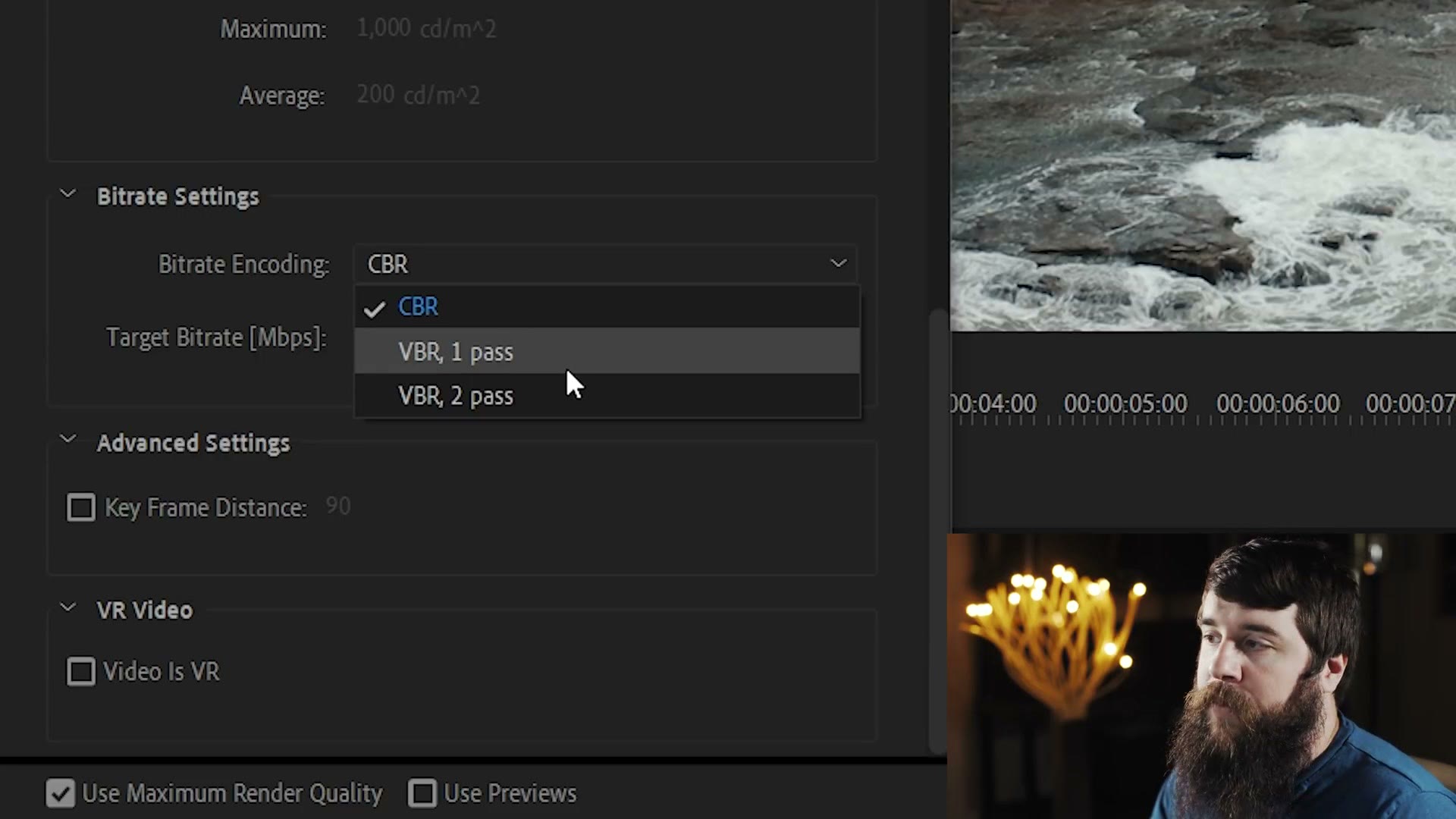 The Bitrate Encoding dropdown in Premiere Pro export settings open on CBR, VBR 1 pass, and VBR 2 pass