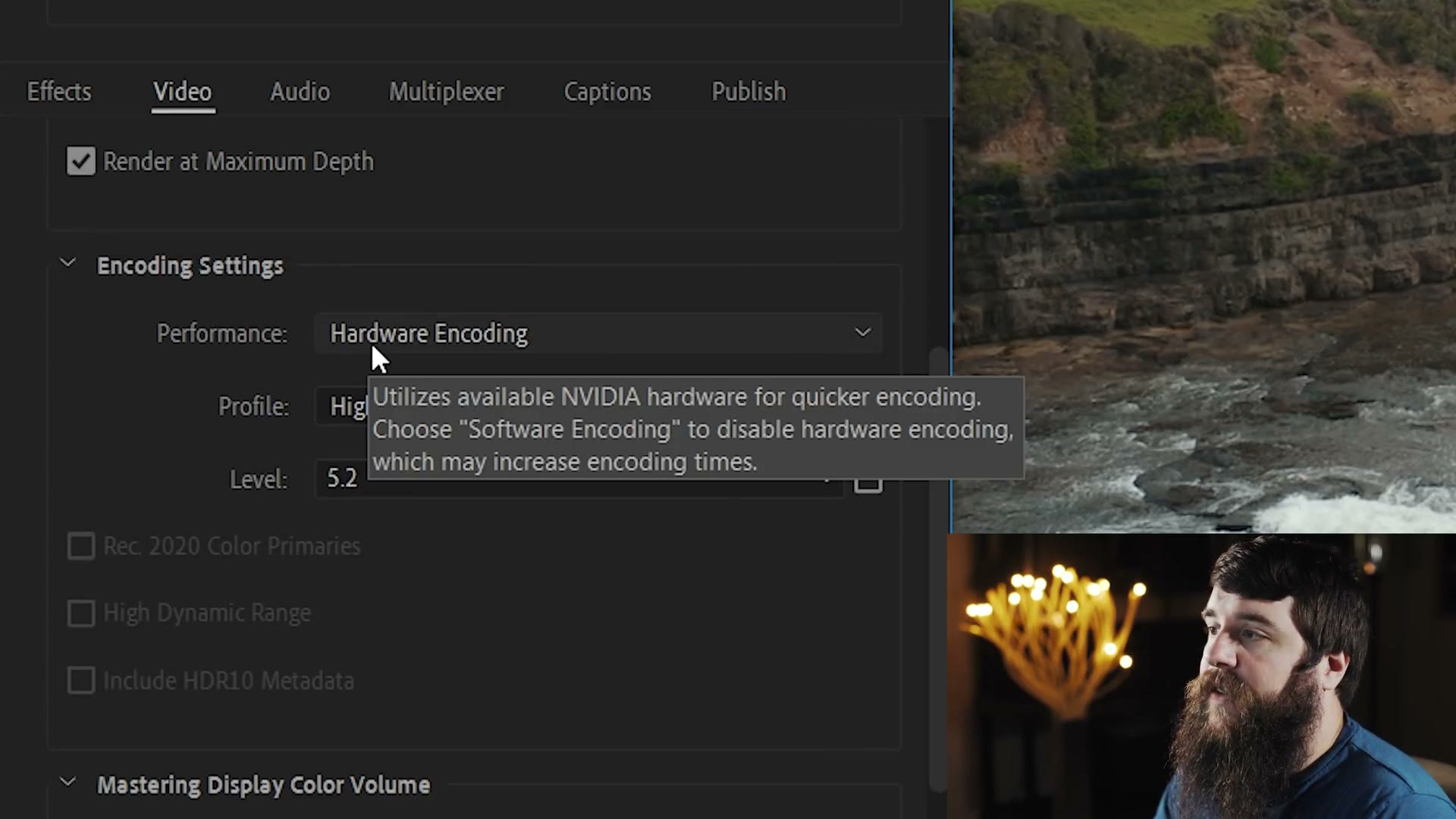 Premiere Pro export Encoding Settings with Performance set to Hardware Encoding and a tooltip reading Utilizes available NVIDIA hardware for quicker encoding