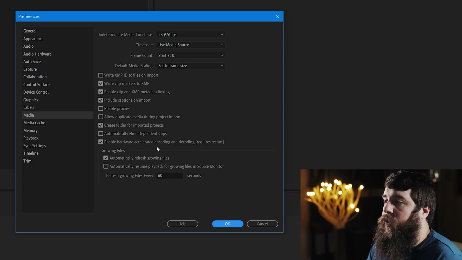 Premiere Pro Preferences on the Media tab with Enable hardware accelerated encoding and decoding checked