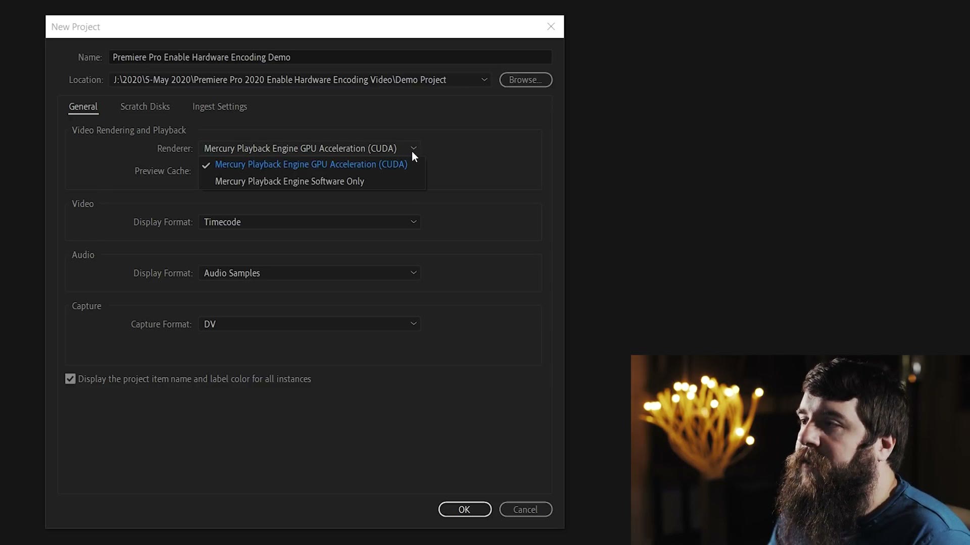 The Premiere Pro New Project window with the Renderer dropdown open showing Mercury Playback Engine GPU Acceleration CUDA and Mercury Playback Engine Software Only