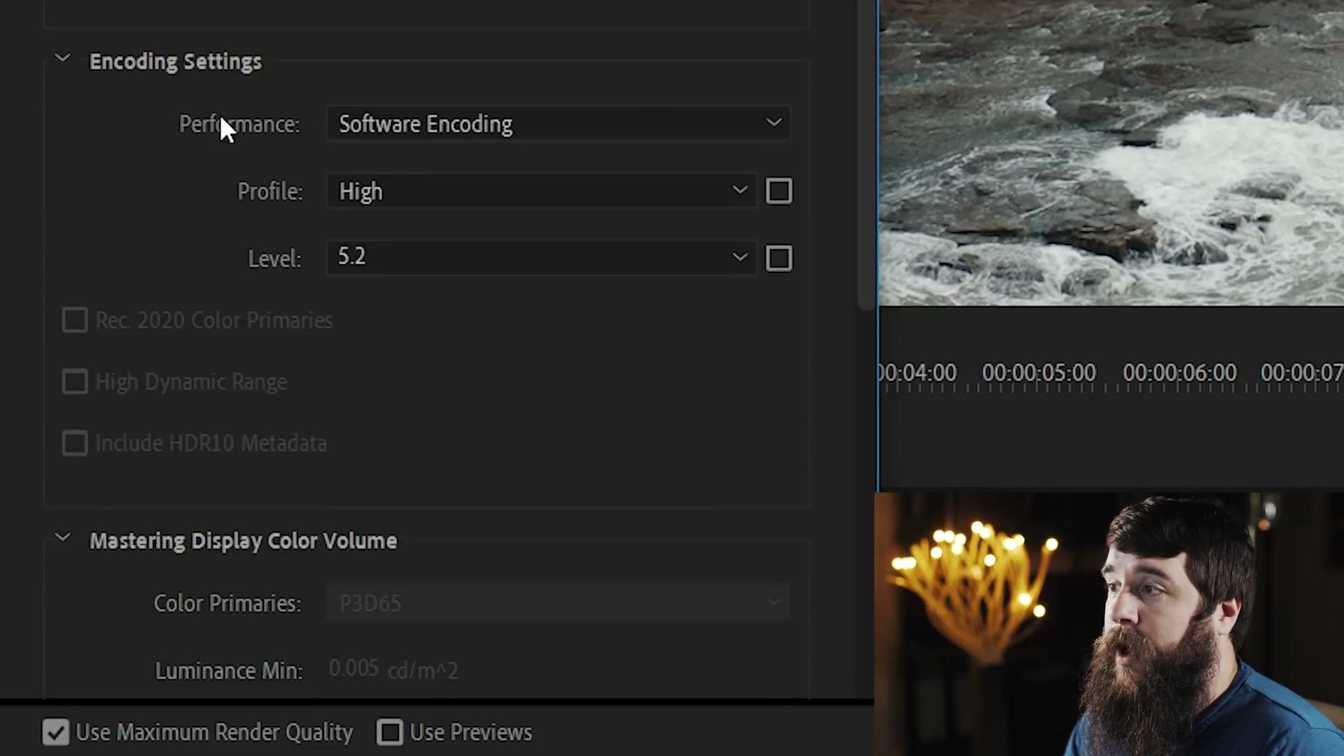 Premiere Pro Encoding Settings showing Performance changed to Software Encoding