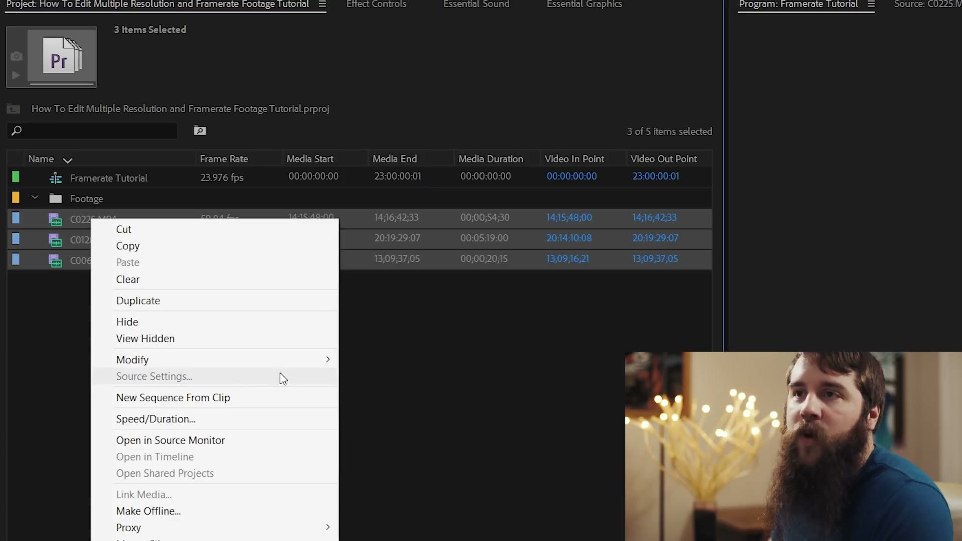 The Premiere Pro project panel showing three clips at 59.94, 23.976 and 29.97 fps, with a right click menu open and Modify highlighted