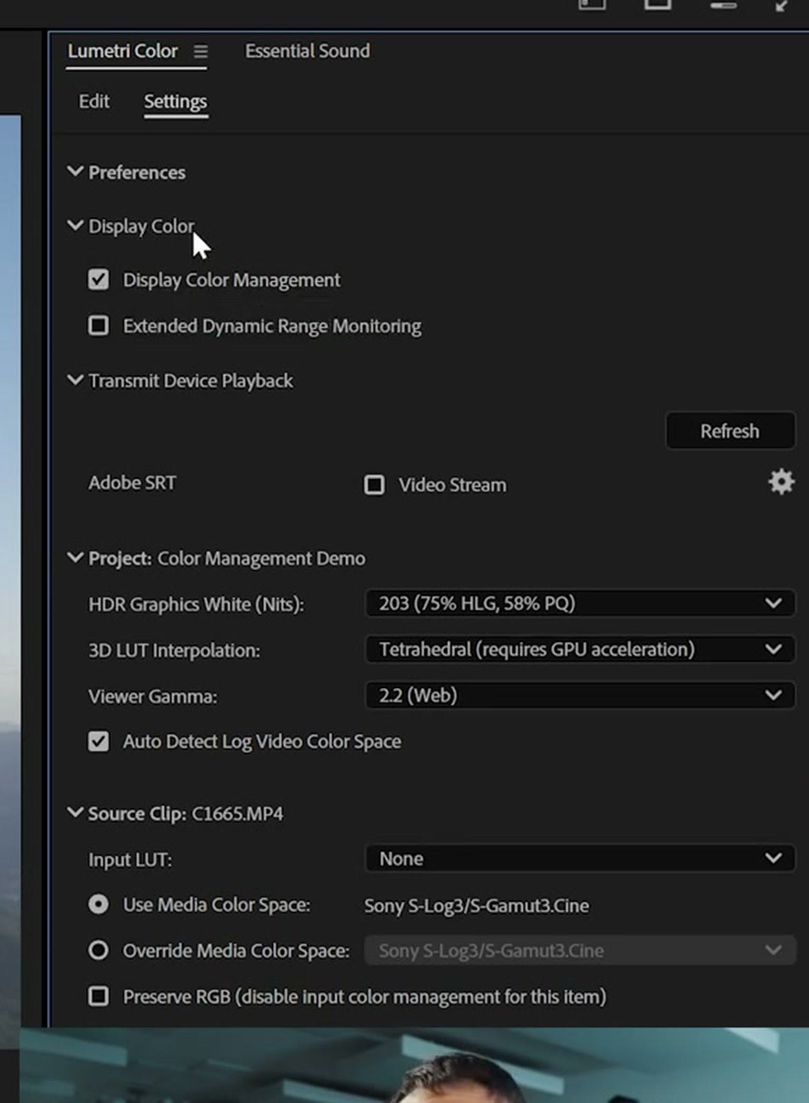 The Lumetri Color Settings panel in Premiere Pro fully expanded, showing Display Color Management checked, the project color settings, and the source clip color space read as Sony S-Log3 S-Gamut3.Cine