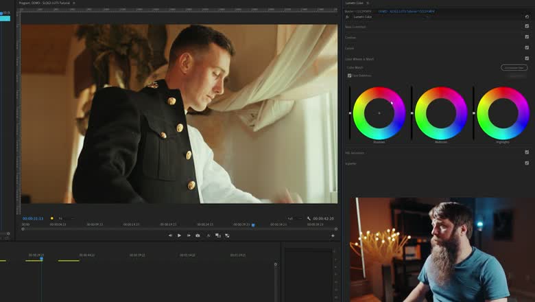 The Lumetri color wheels for shadows, midtones and highlights open next to a warm graded shot of the groom getting ready