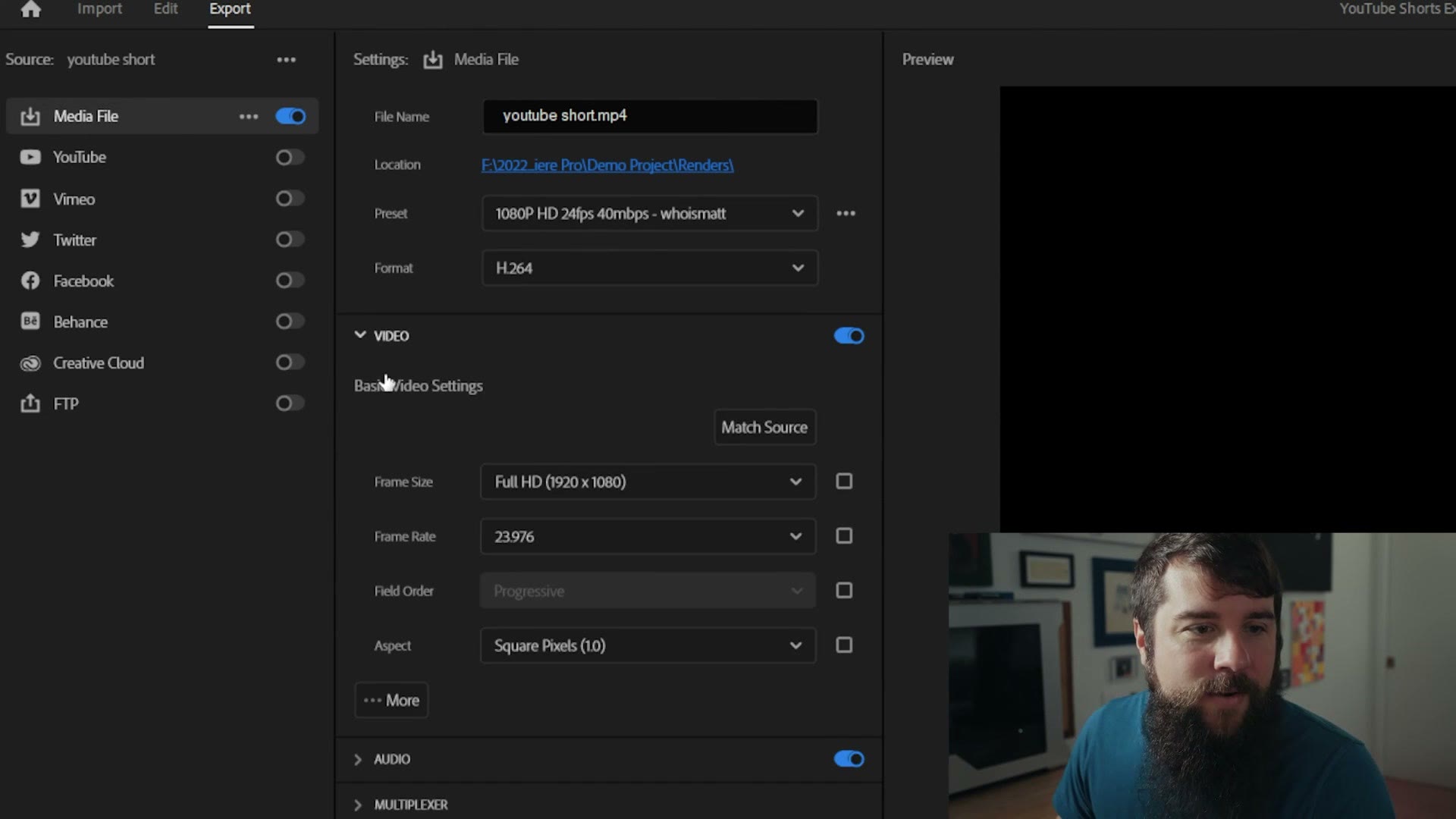 The Premiere Pro export settings page with Match Source under Basic Video Settings