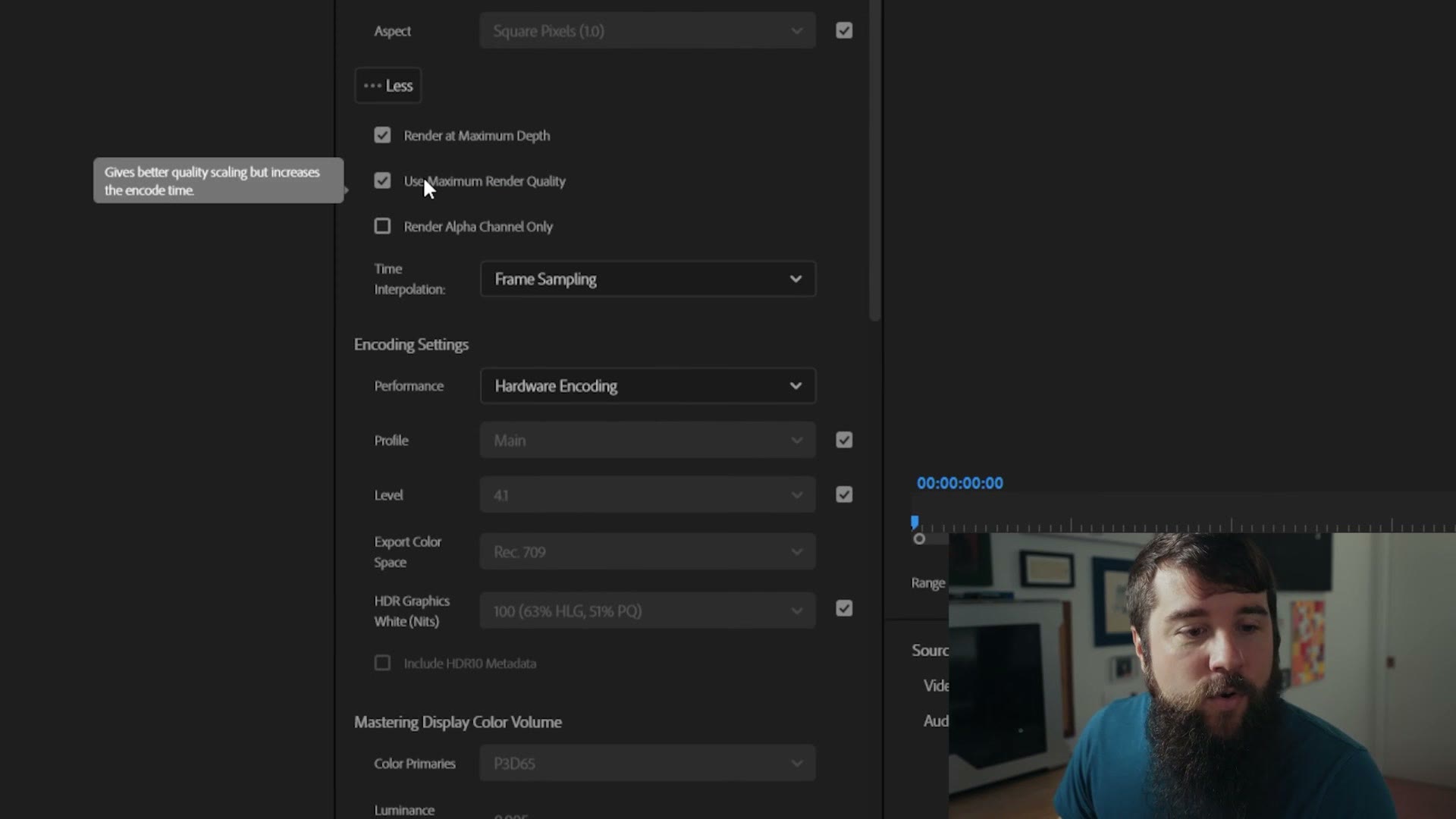 The Render at Maximum Depth and Use Maximum Render Quality checkboxes ticked