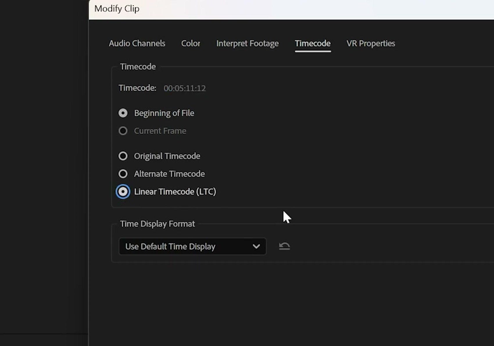 Premiere Pro Modify Timecode dialog with Linear Timecode LTC selected