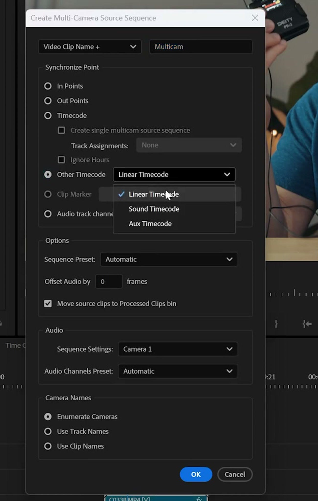 Premiere Pro multicam dialog with Other Timecode set to Linear Timecode