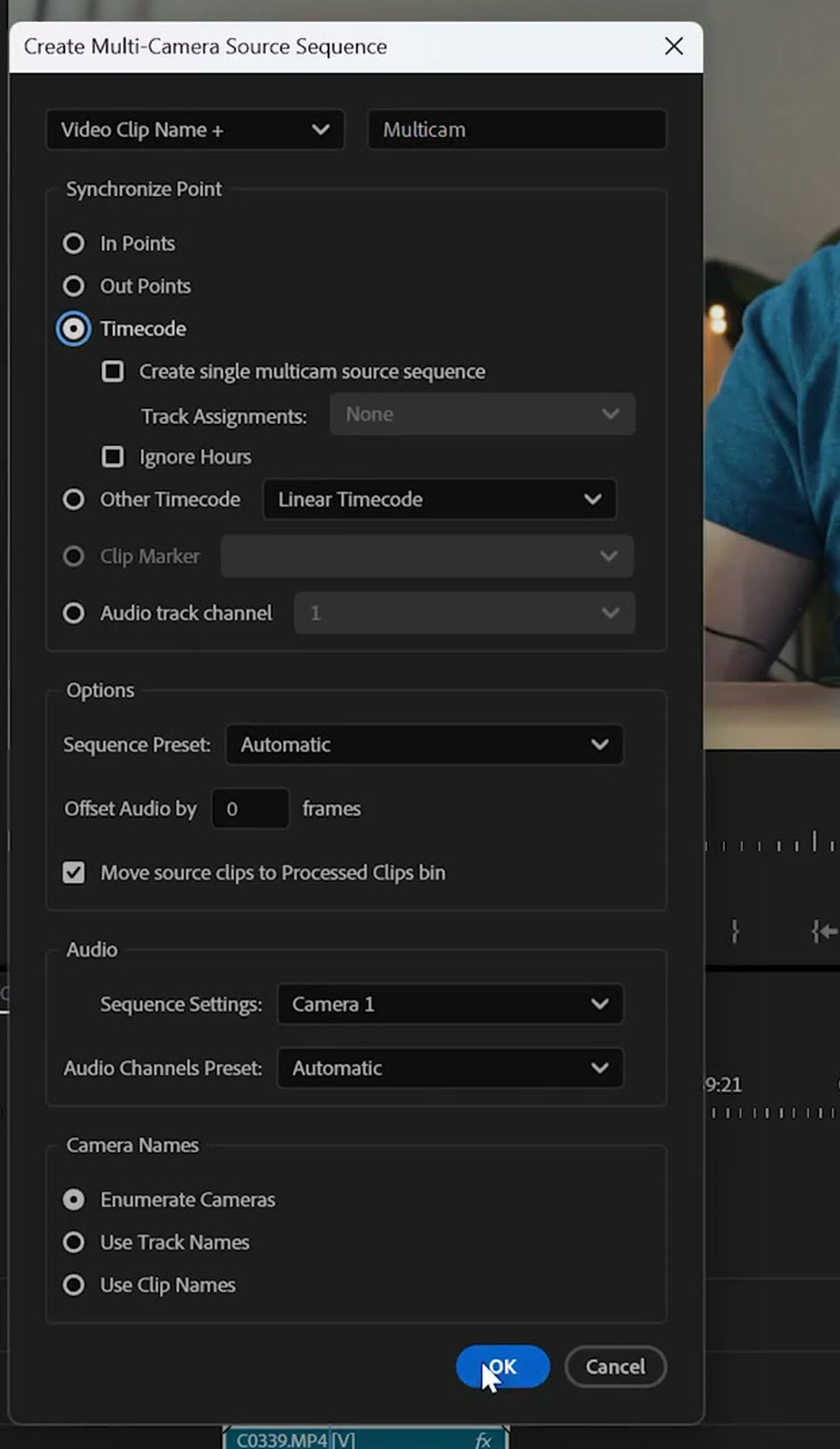 Premiere Pro Create Multi-Camera Source Sequence dialog with Timecode selected as the sync point