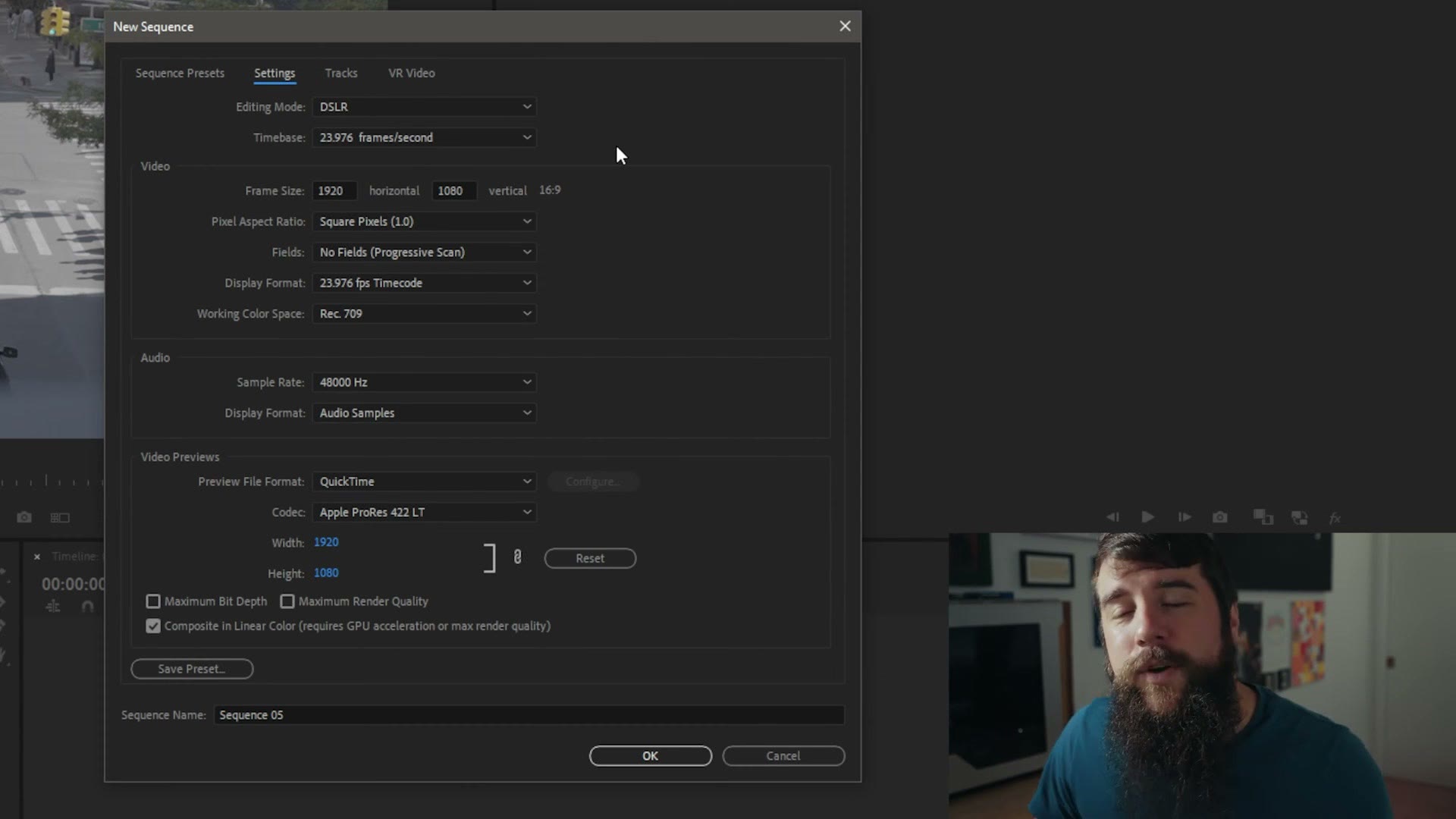 The Adobe Premiere Pro New Sequence dialog box on the Settings tab