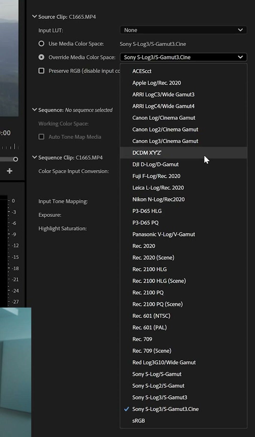 The Override Media Color Space dropdown in Premiere Pro open, listing profiles including ACEScct, Apple Log, ARRI LogC3 and LogC4, Canon Log, DJI D-Log, Fuji F-Log, Nikon N-Log, Panasonic V-Log, RED Log3G10 and Sony S-Log3