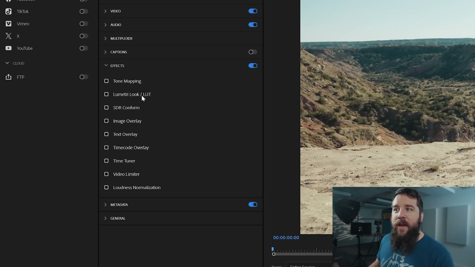 The Effects section of Premiere Pro's export settings expanded, showing Tone Mapping, Lumetri Look / LUT, SDR Conform and the other effect checkboxes