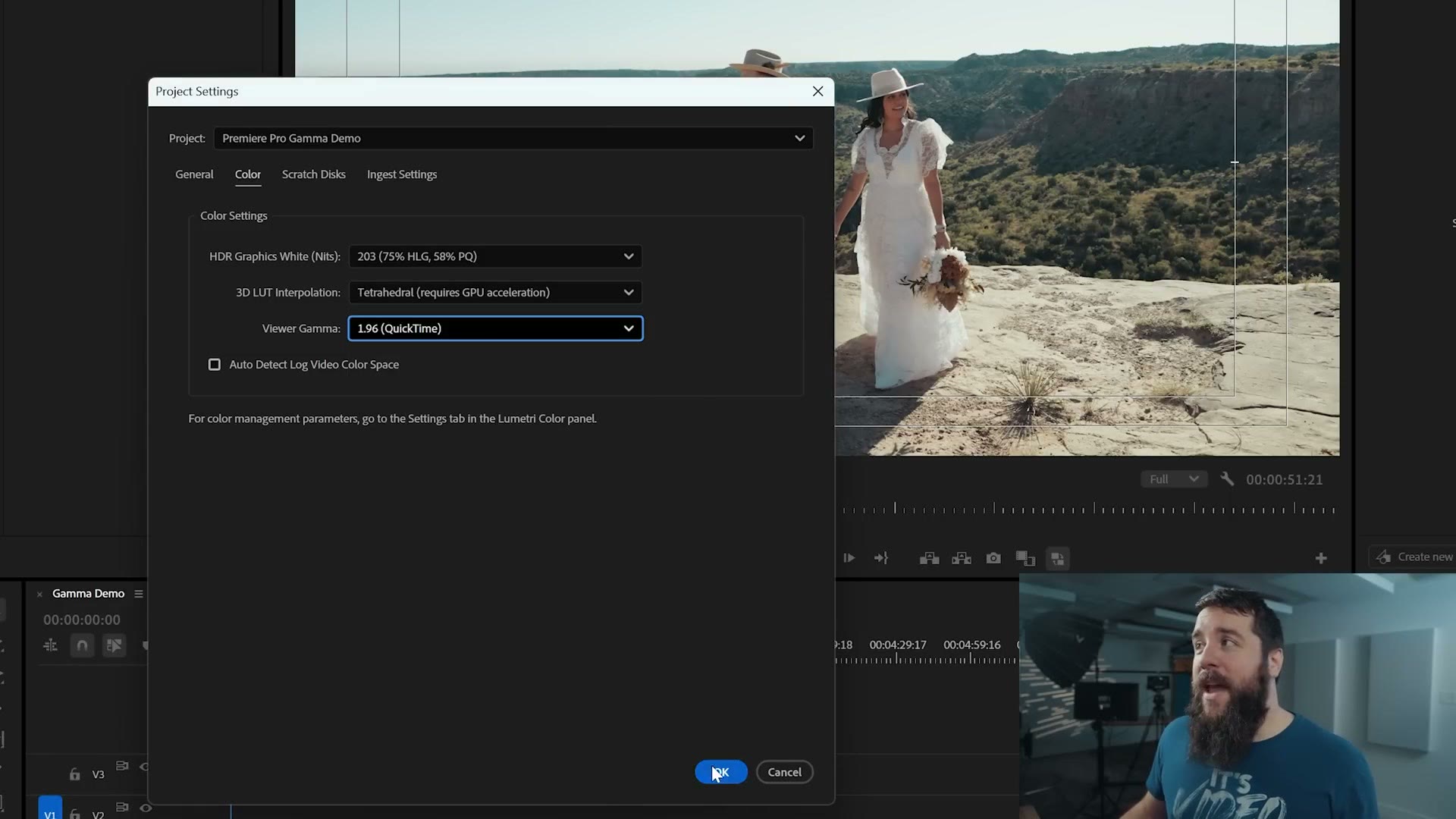 Premiere Pro's Project Settings Color tab with Viewer Gamma set to 1.96 (QuickTime)