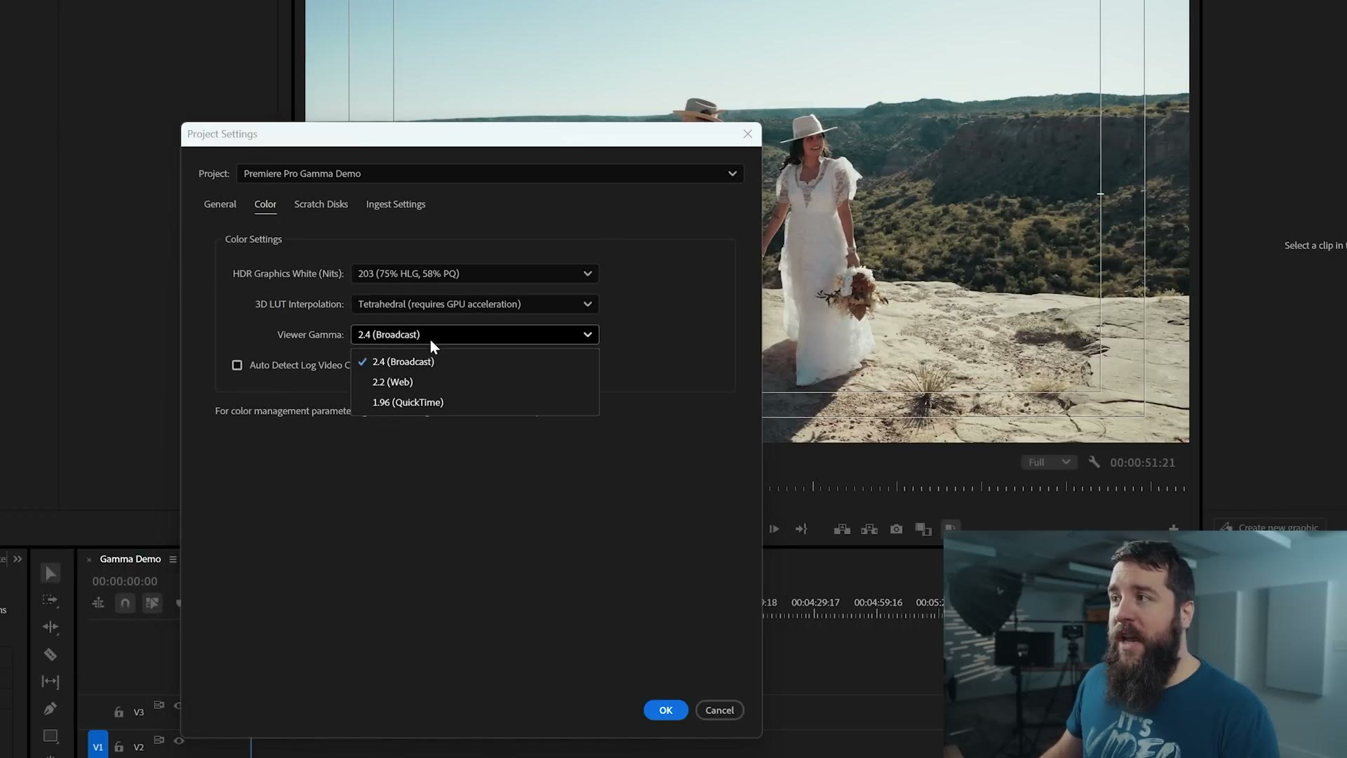 Premiere Pro's Project Settings Color tab with the Viewer Gamma dropdown open, showing 2.4 (Broadcast), 2.2 (Web) and 1.96 (QuickTime)
