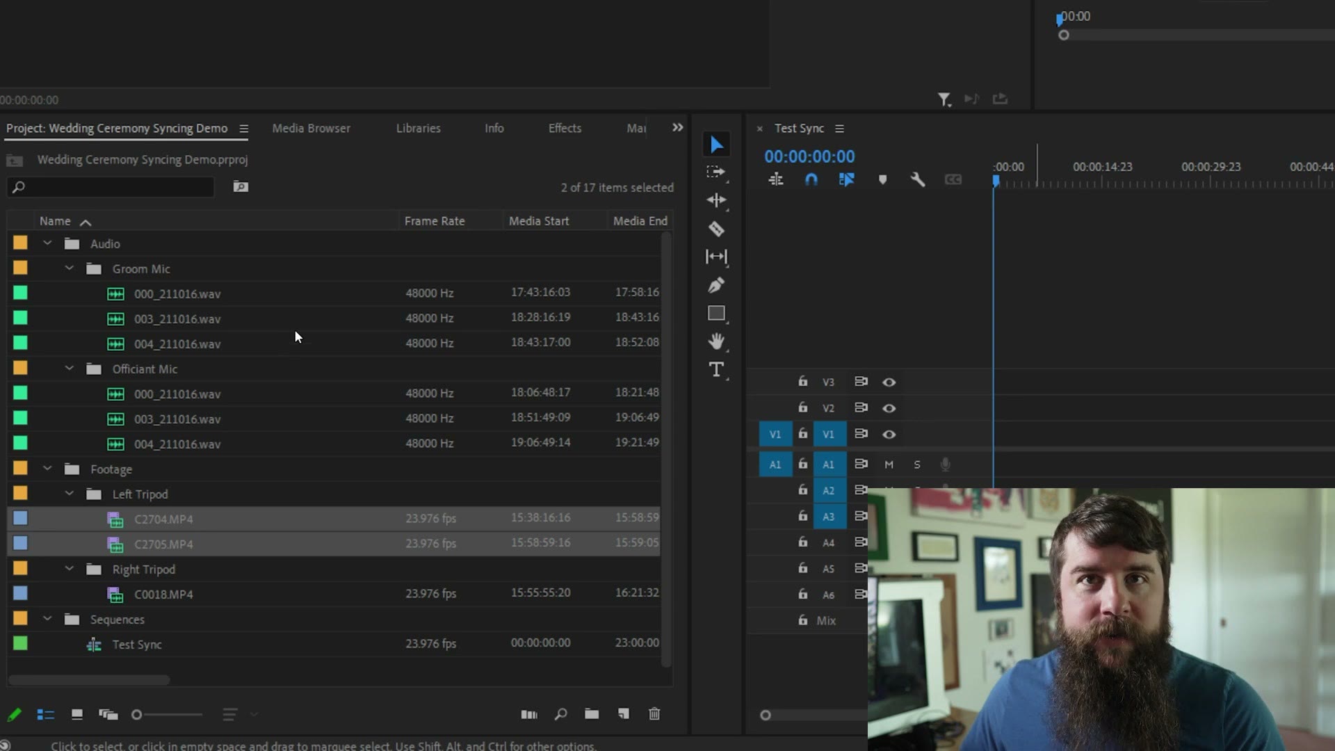 Premiere Pro project panel with separate bins for each mic and camera