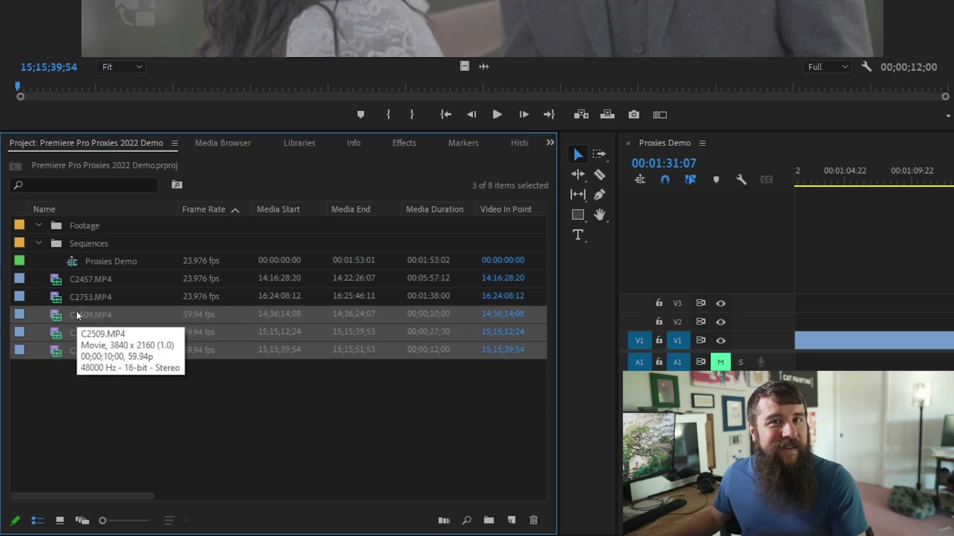Premiere Pro project panel showing the frame rate column for each clip