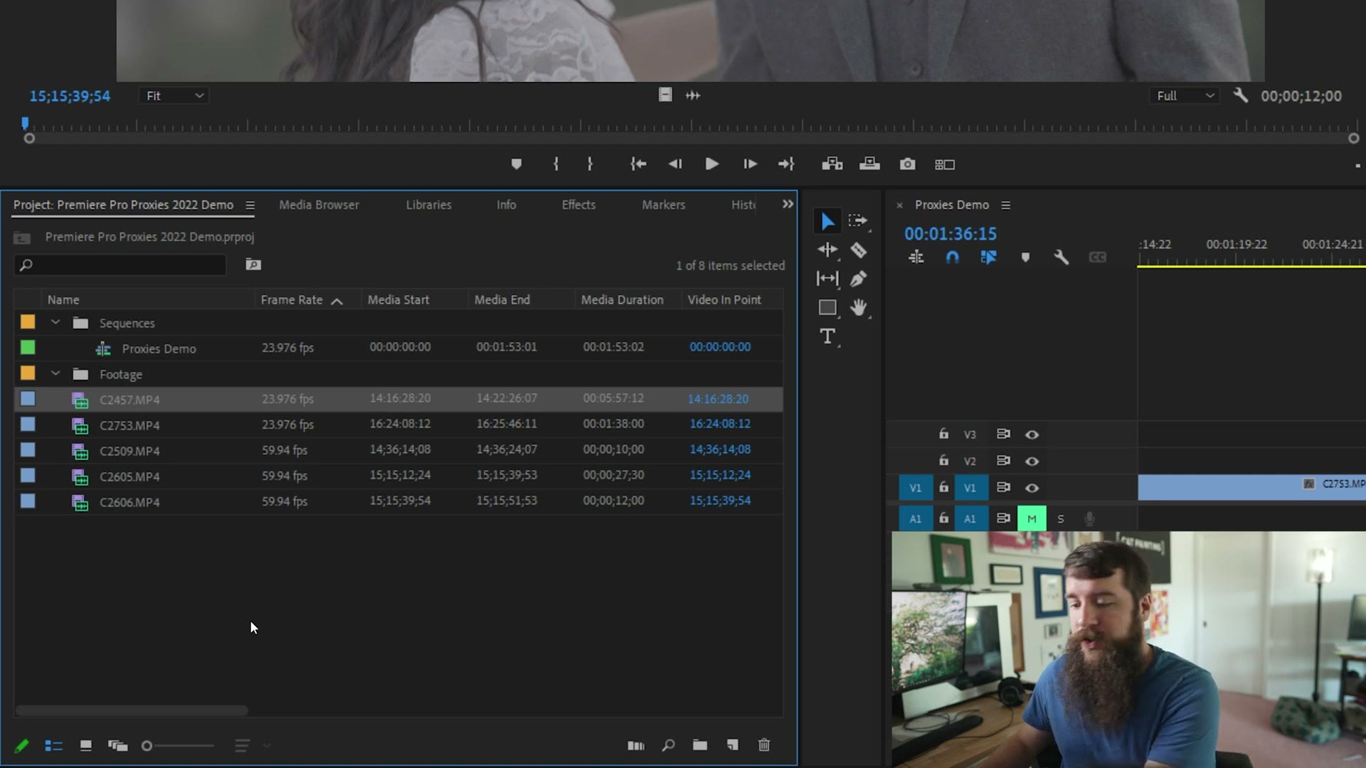Premiere Pro project panel with every video clip selected