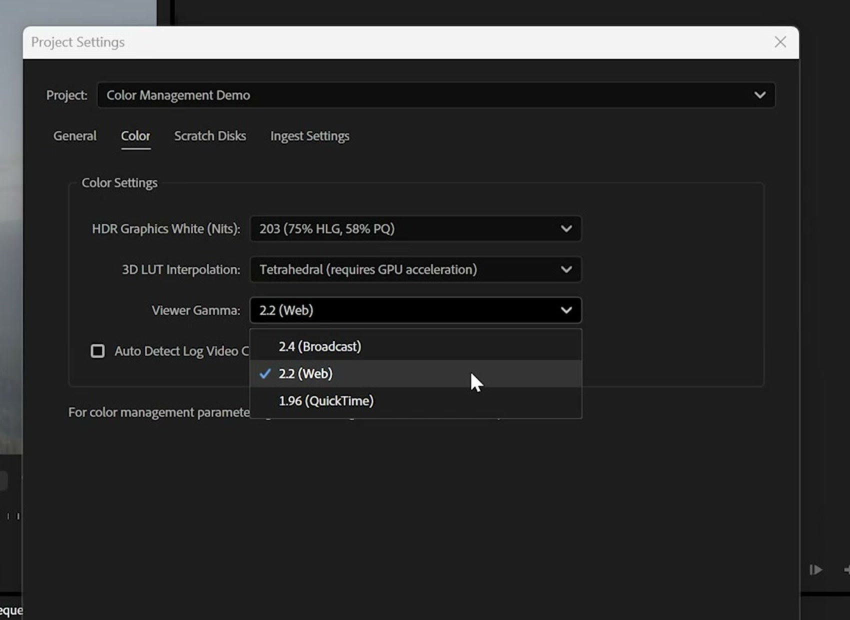 The Premiere Pro Project Settings Color tab with HDR Graphics White at 203, 3D LUT Interpolation on Tetrahedral, and the Viewer Gamma dropdown open showing 2.4 Broadcast, 2.2 Web and 1.96 QuickTime