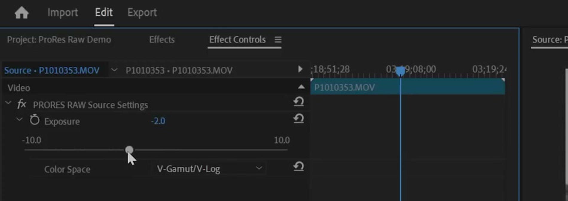 The ProRes RAW exposure slider in Premiere Pro pulled down to negative two