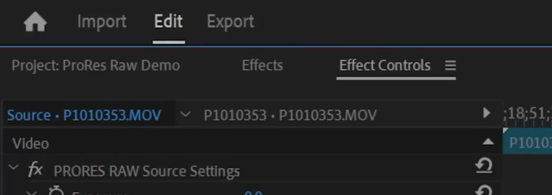 Premiere Pro showing the ProRes RAW Source Settings with an exposure slider and color space dropdown