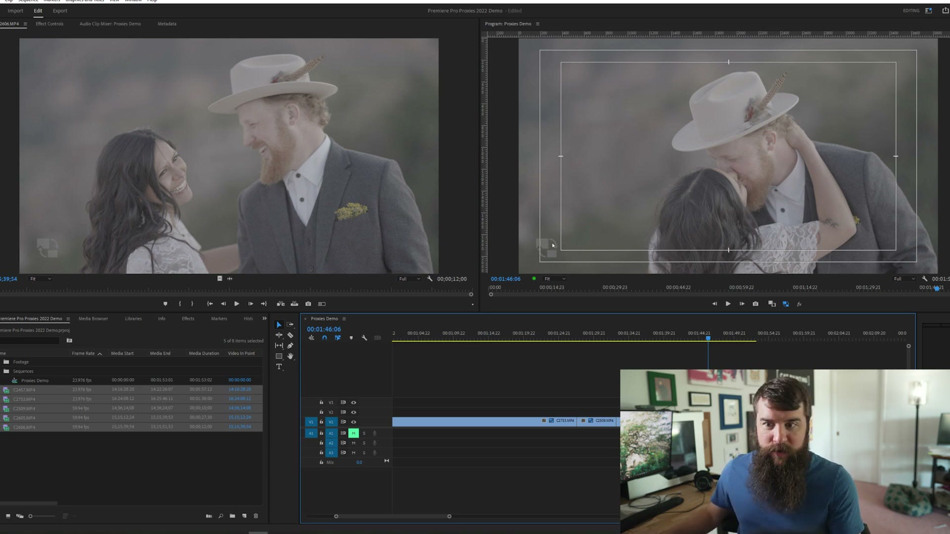 Premiere Pro timeline with the proxy icons lit up blue and a proxy watermark on the program monitor