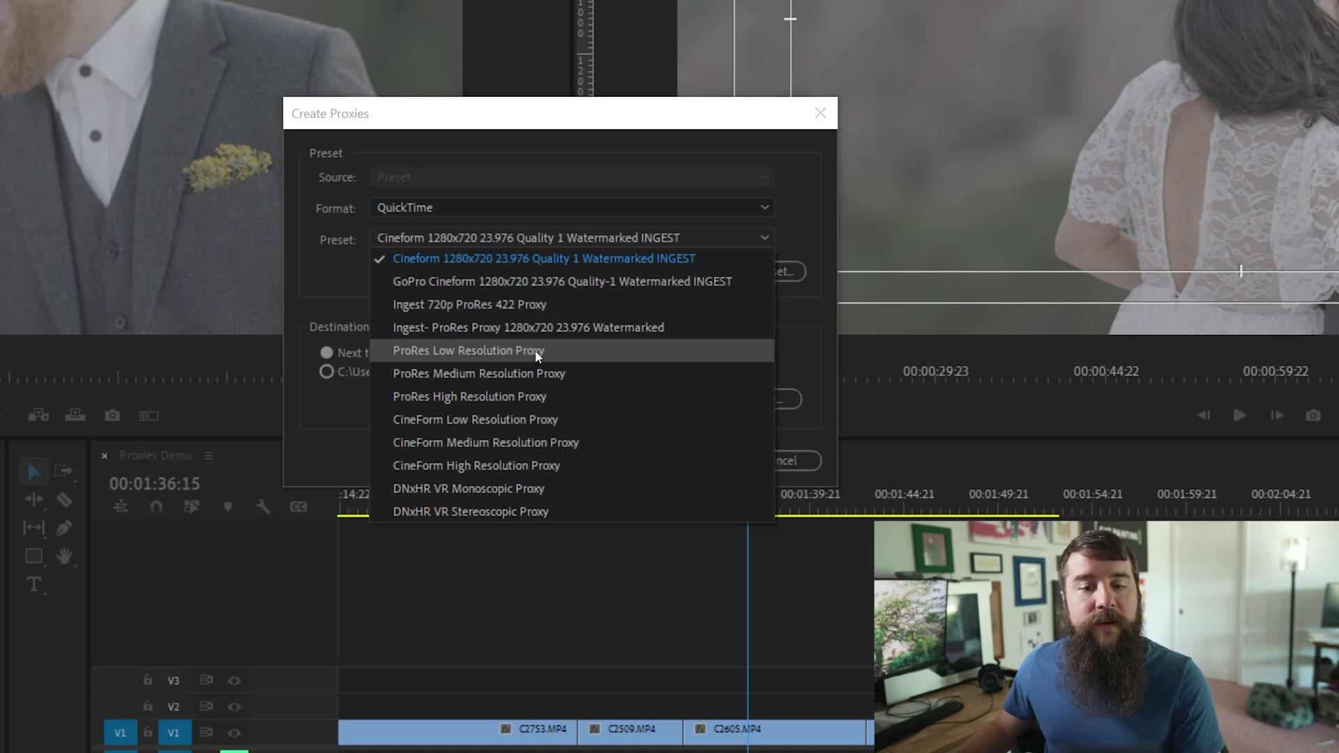 The proxy preset dropdown open showing the ProRes options