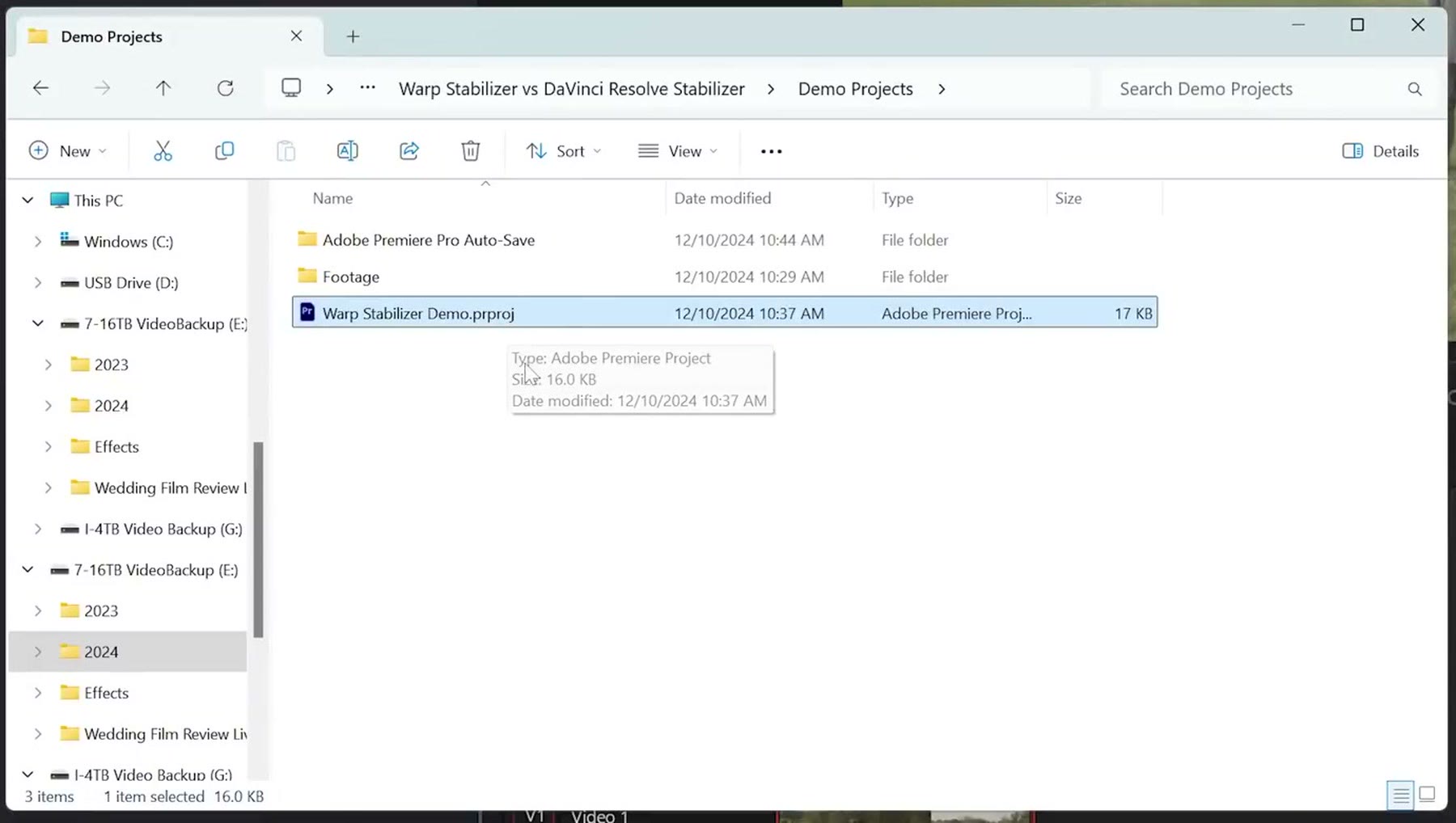 A Windows Explorer window showing a Warp Stabilizer Demo.prproj file listed at 17 KB