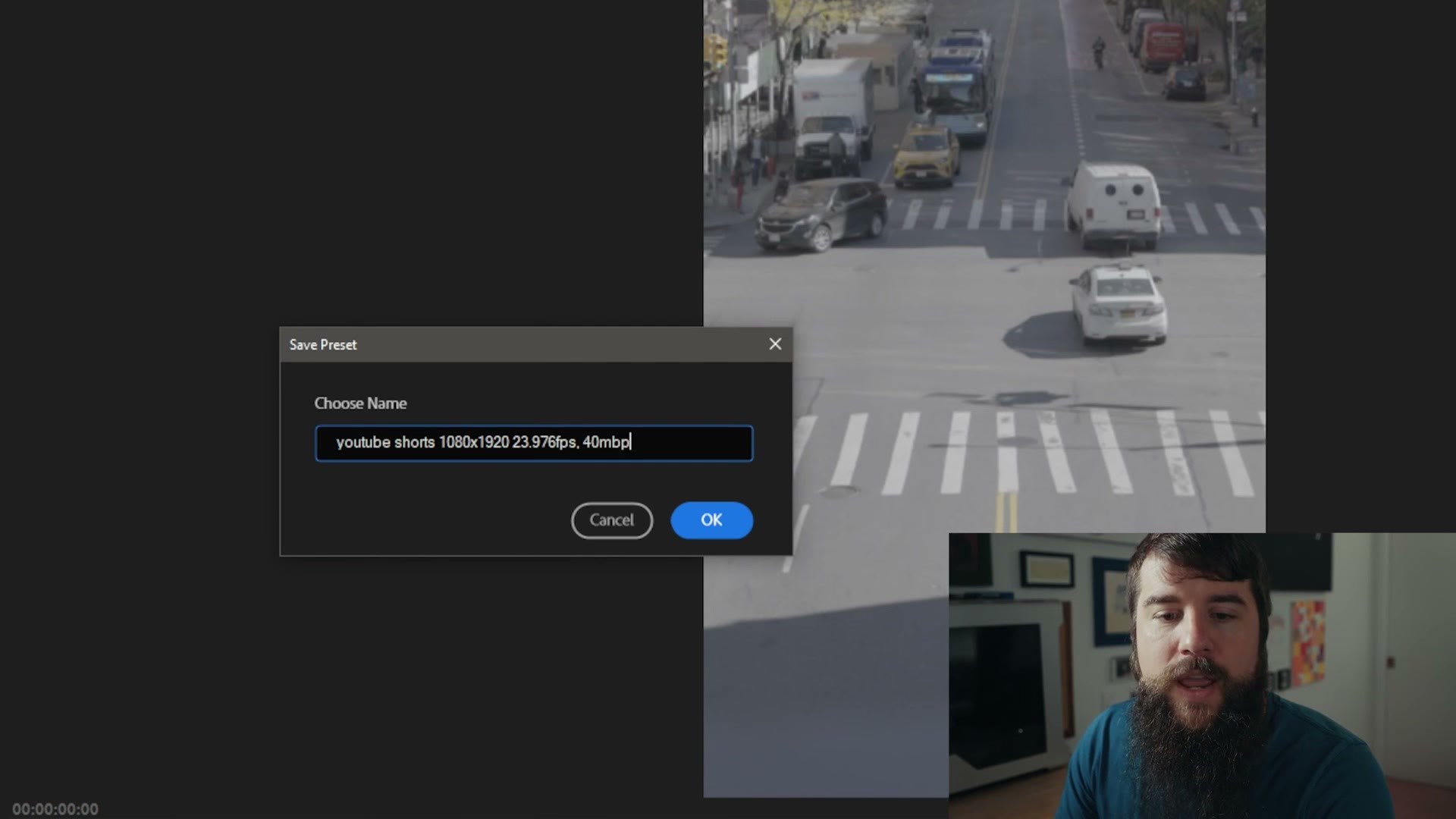 The Premiere Pro Save Preset dialog with a descriptive export preset name