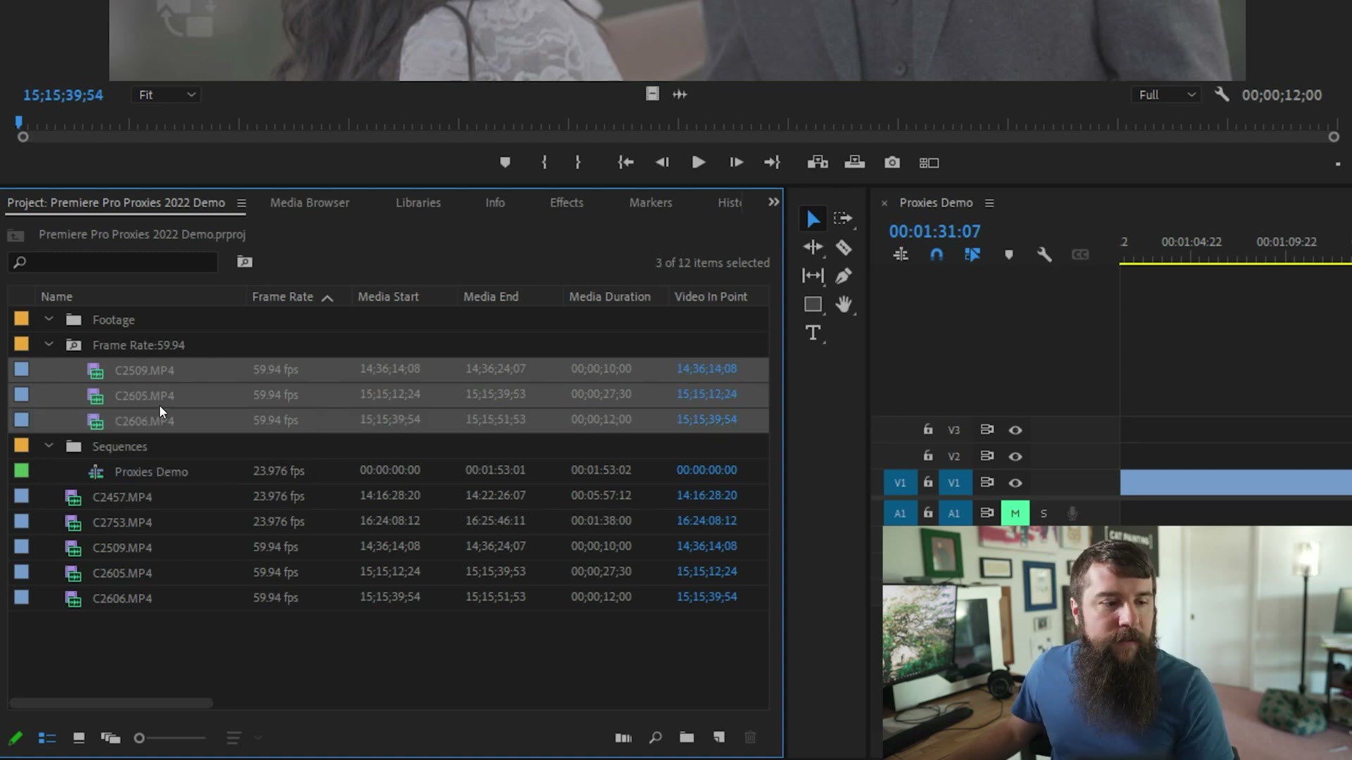 A Premiere Pro search bin containing only the 60 frames per second clips