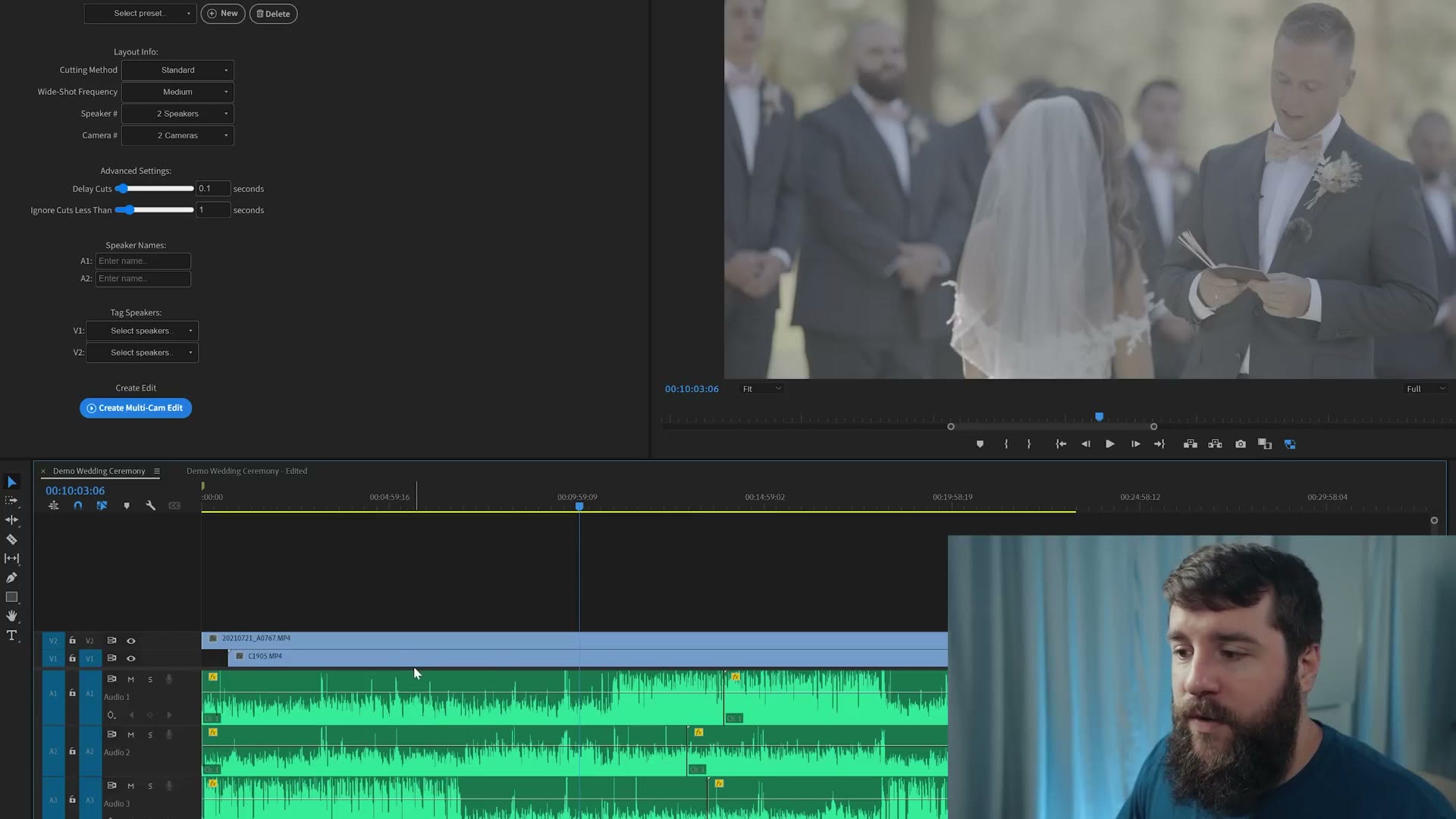 A Premiere Pro sequence with each camera on its own video track and each microphone on its own audio track
