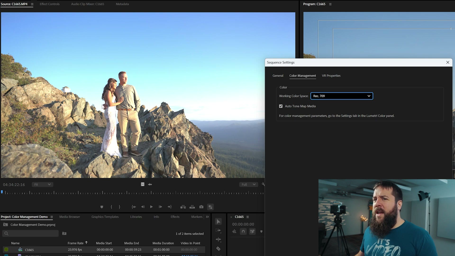 Premiere Pro Sequence Settings on the Color Management tab with Working Color Space set to Rec. 709 and Auto Tone Map Media checked, over a properly exposed mountain shot