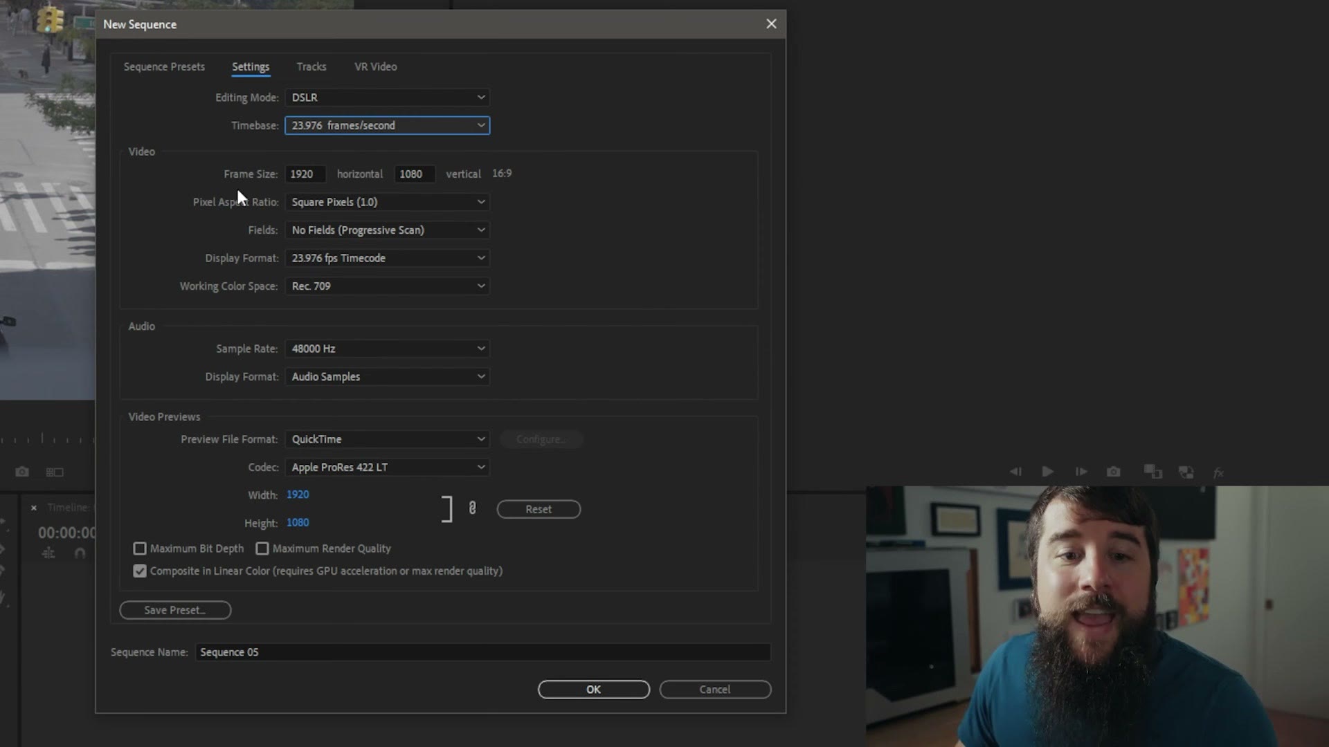Premiere Pro sequence settings showing the timebase and frame size fields