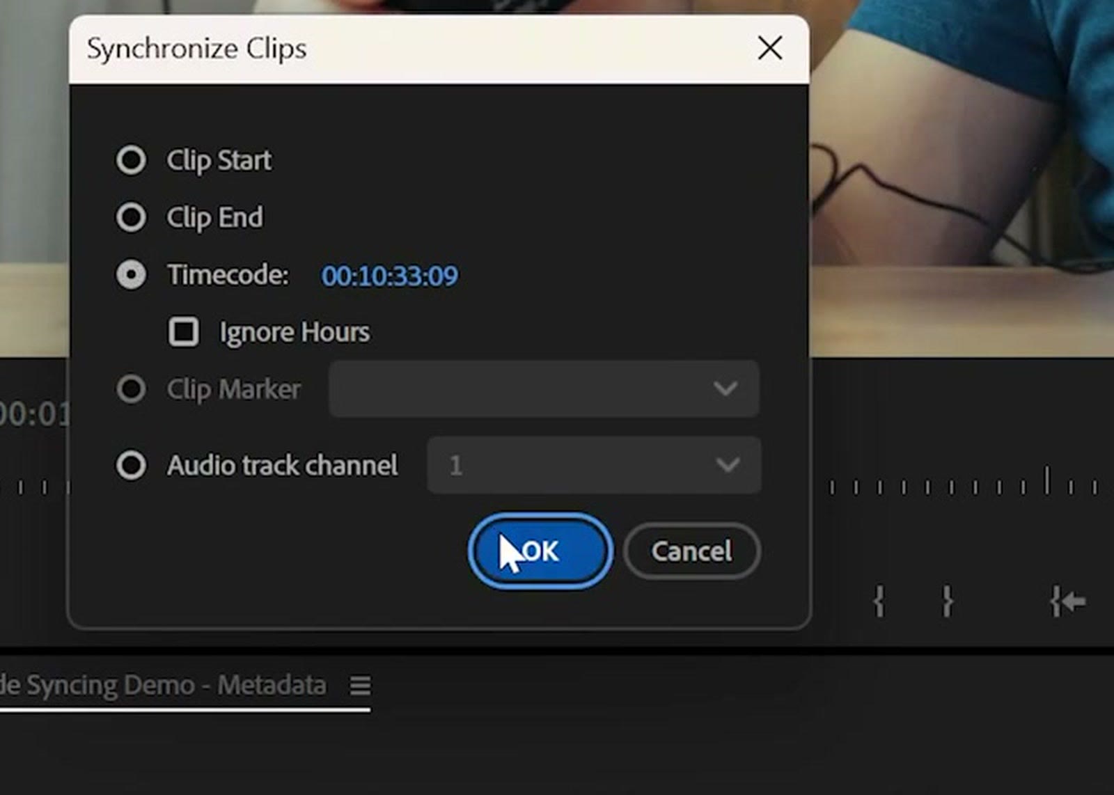 Premiere Pro Synchronize Clips dialog with Timecode selected