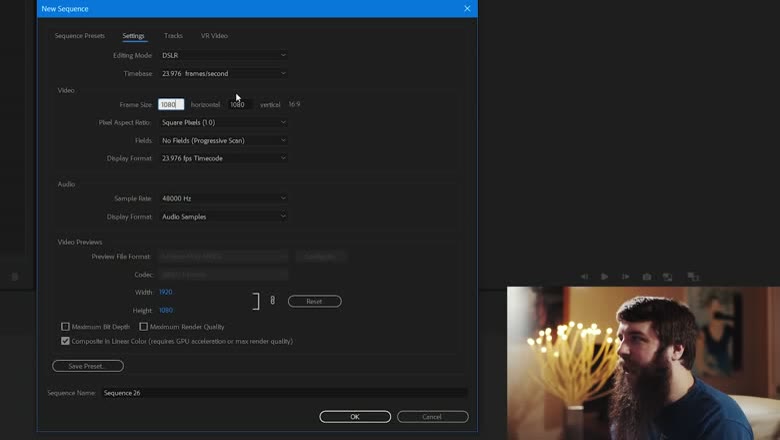 Premiere Pro's New Sequence dialog on the DSLR 1080p preset at 23.976 fps with the frame size being changed to 1080 wide