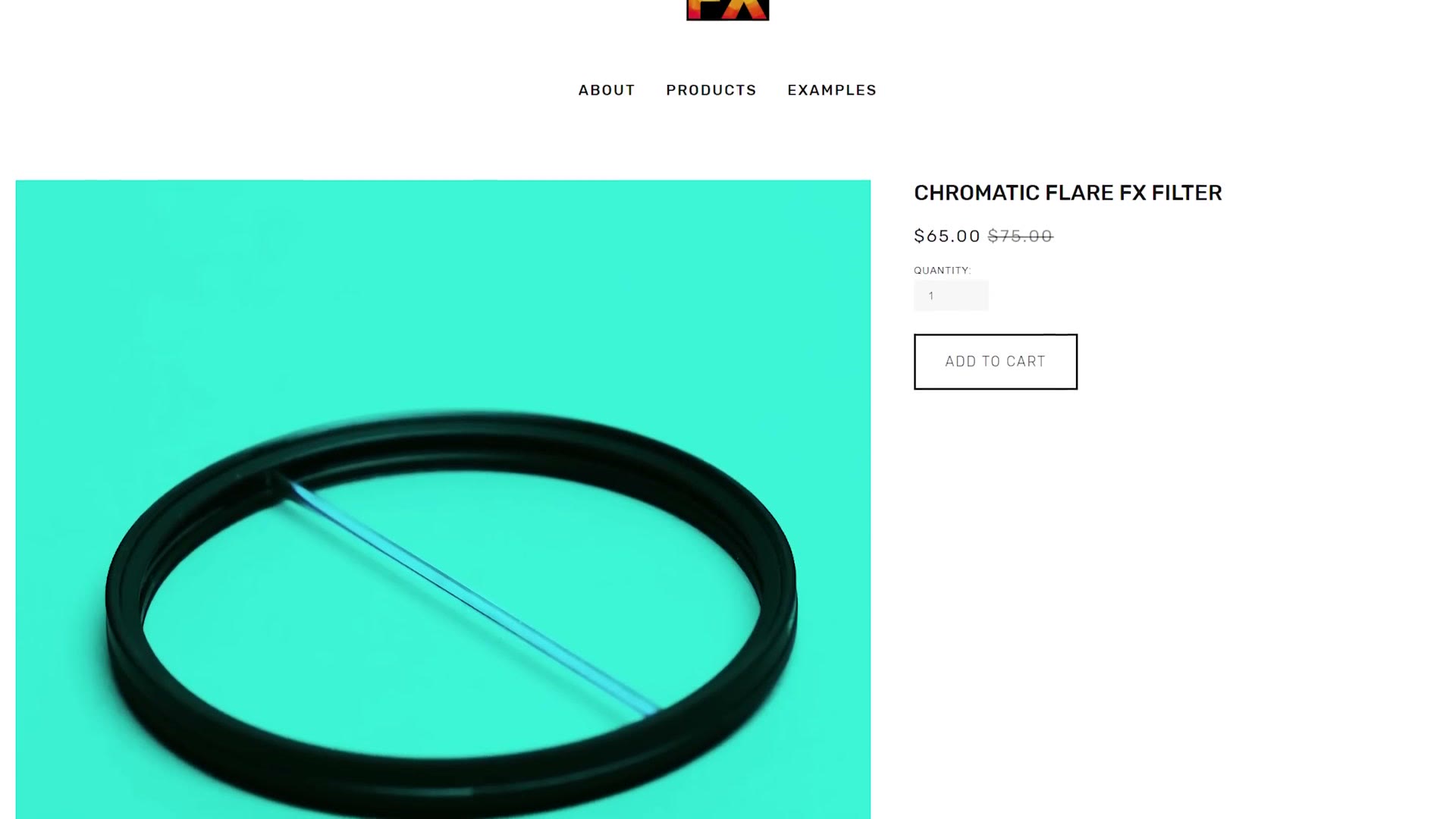 The Prism Lens FX product page for the Chromatic Flare FX Filter, priced at $65.00 reduced from $75.00