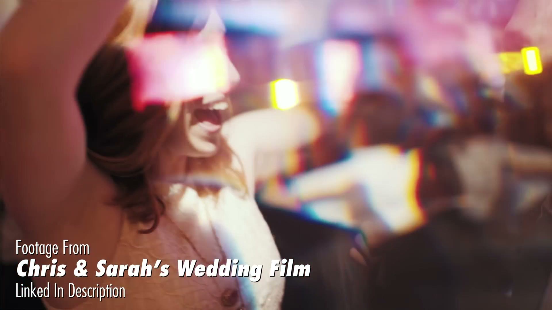 A guest dancing under colored DJ lights, with prism refraction streaking the lights across the frame