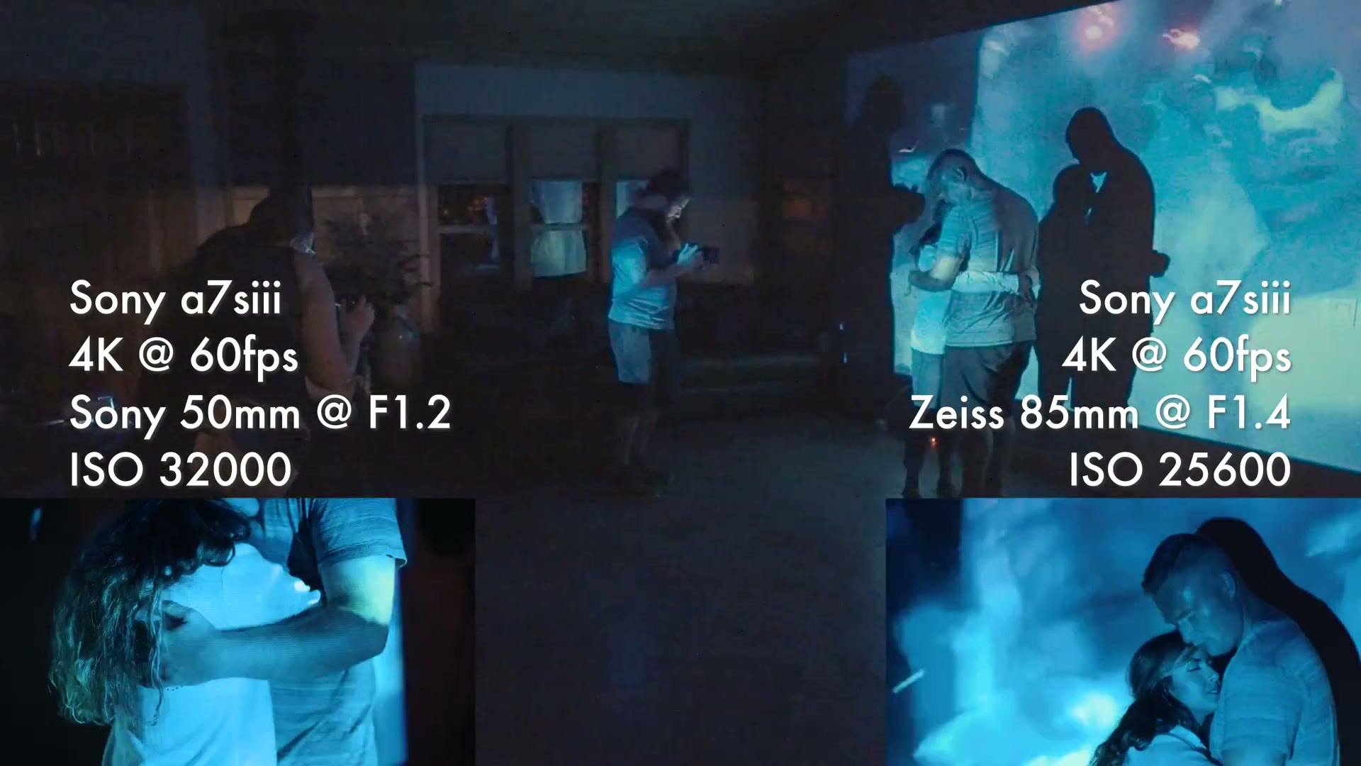 Blue toned projection across the couple as they embrace