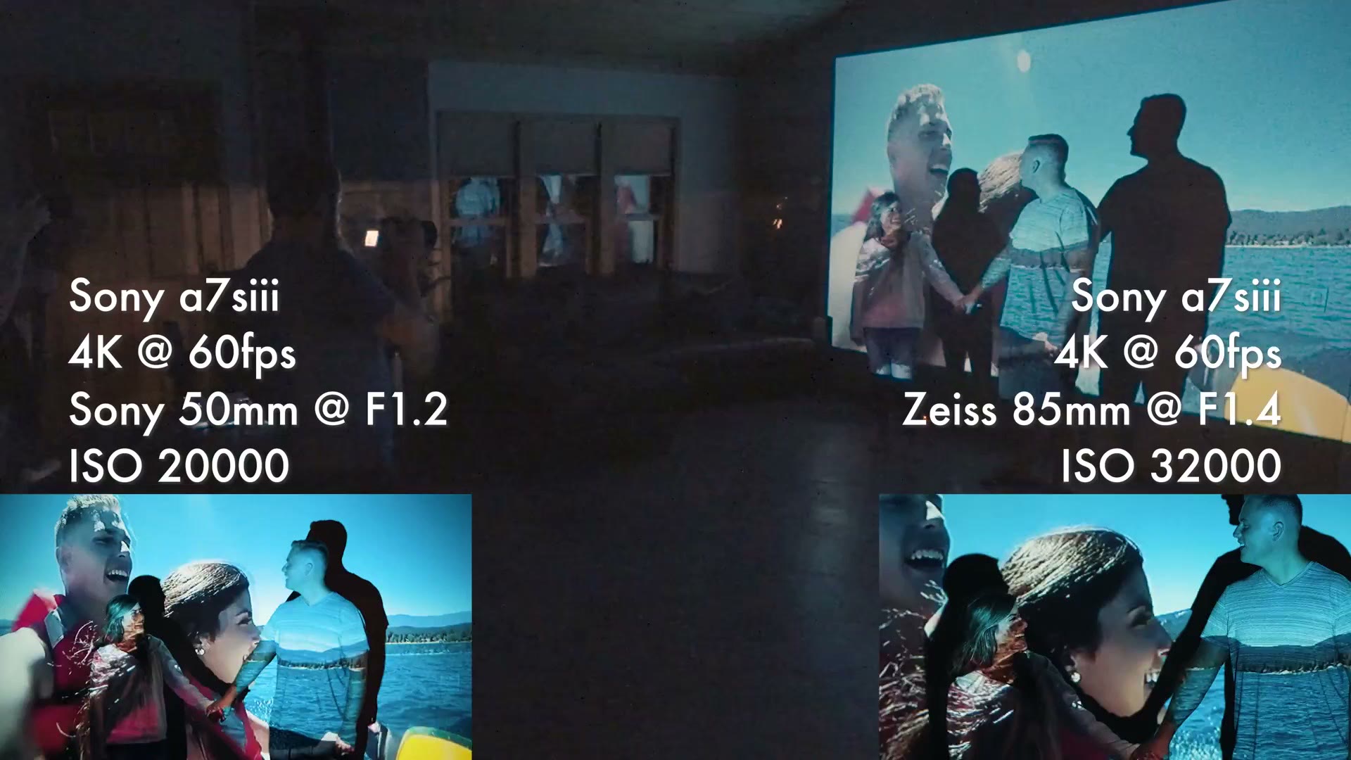 The couple with their own home video footage projected across them, shot at ISO 32000