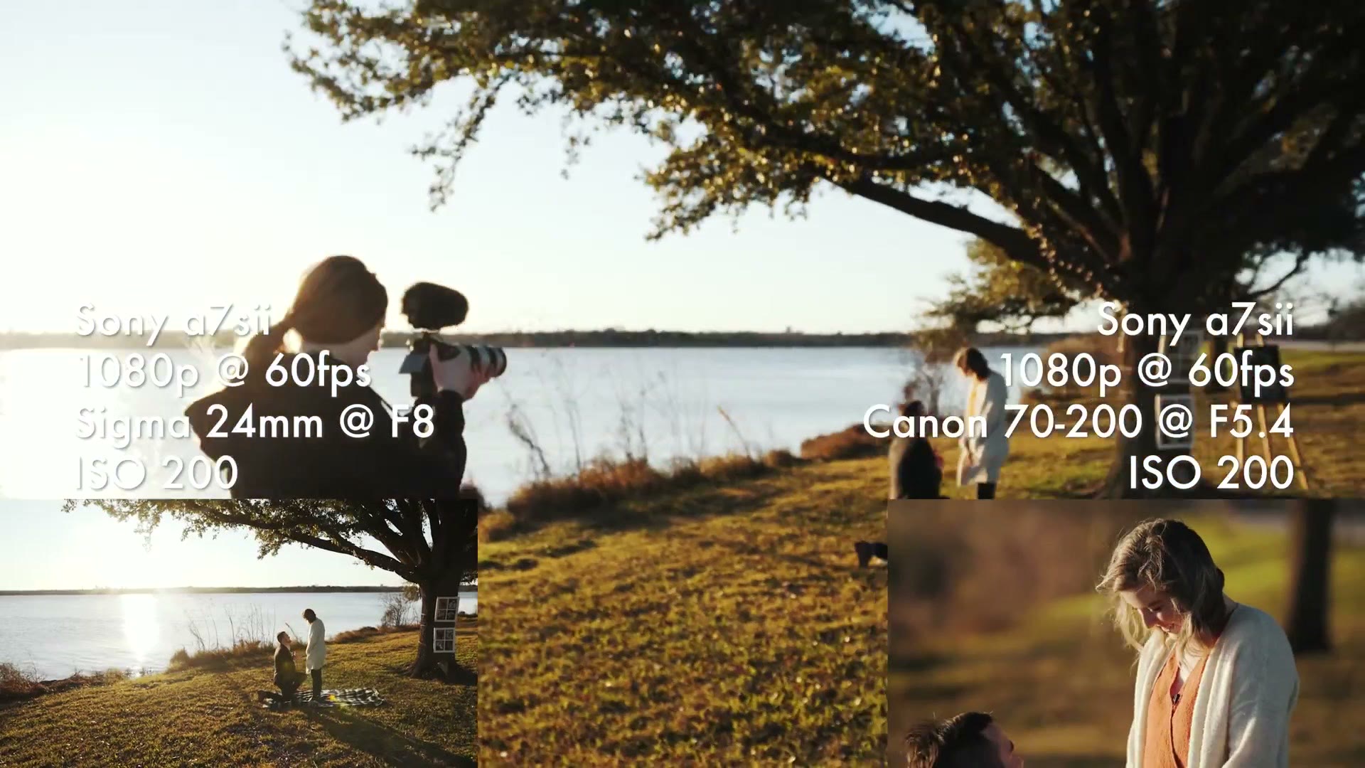 A wide golden hour shot of a couple under a large oak tree beside a lake, with on-screen text reading Sony a7sii, 1080p at 60fps, Sigma 24mm at F8, ISO 200 on one side and Canon 70-200 at F5.4 on the other.