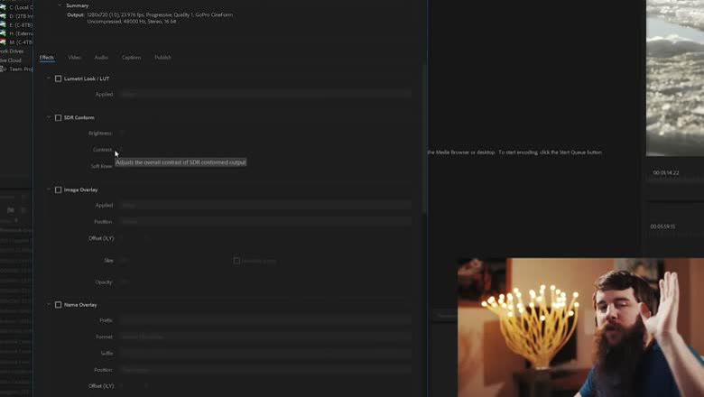 The preset Summary line reading 1280x720, 23.976 fps, Progressive, Quality 1, GoPro CineForm, with the Image Overlay panel open beneath it