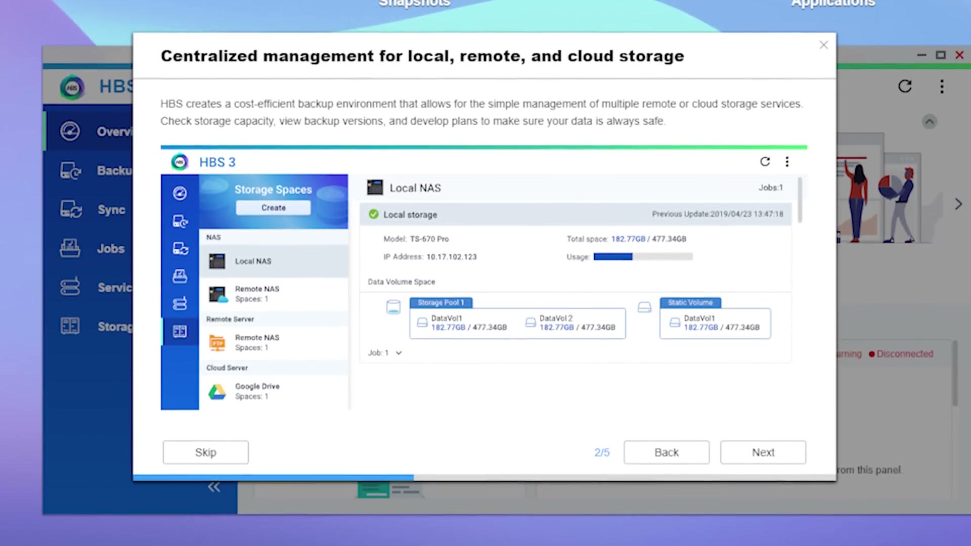 The QNAP Hybrid Backup Sync screen for centralized management of local, remote and cloud storage