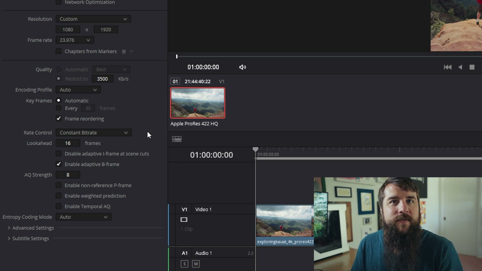 DaVinci Resolve quality setting changed from Automatic to Restrict to 3500 Kb per second