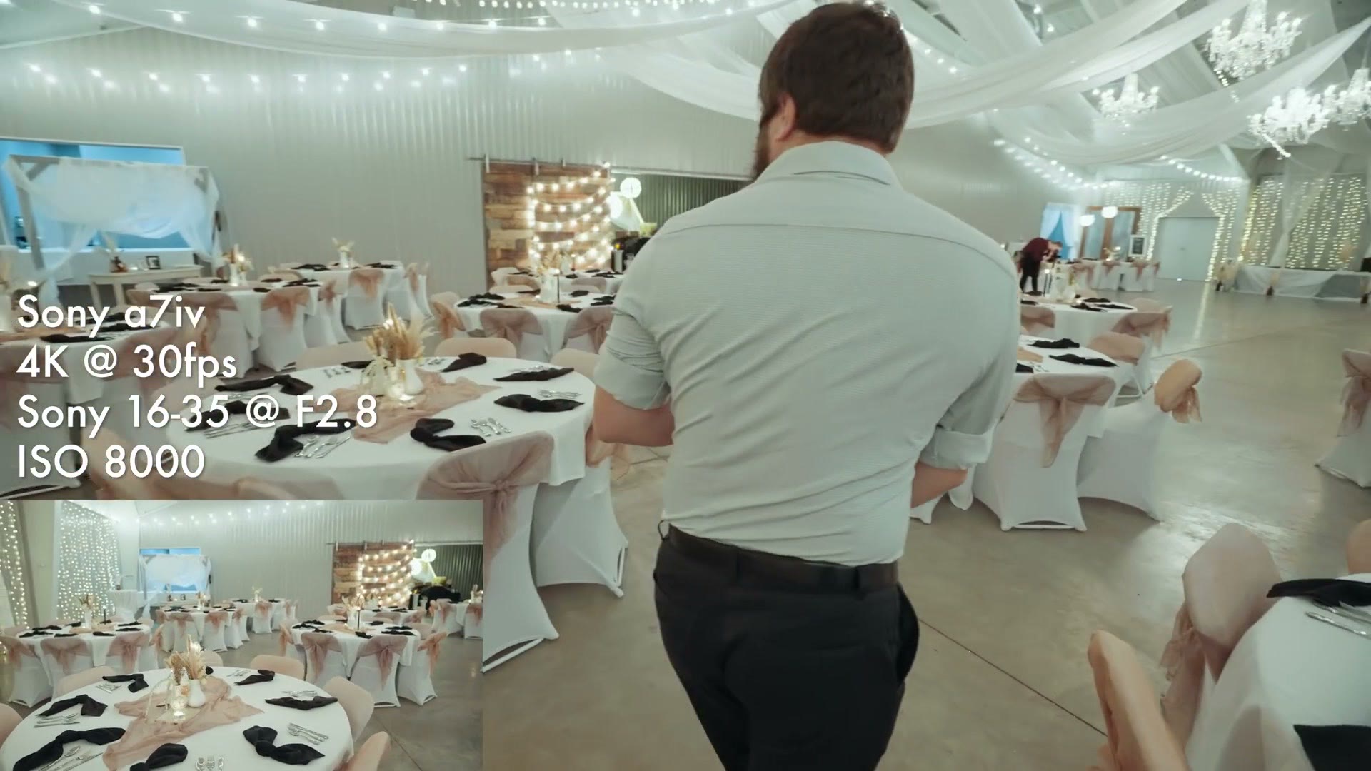 Reception hall interior with camera settings overlaid